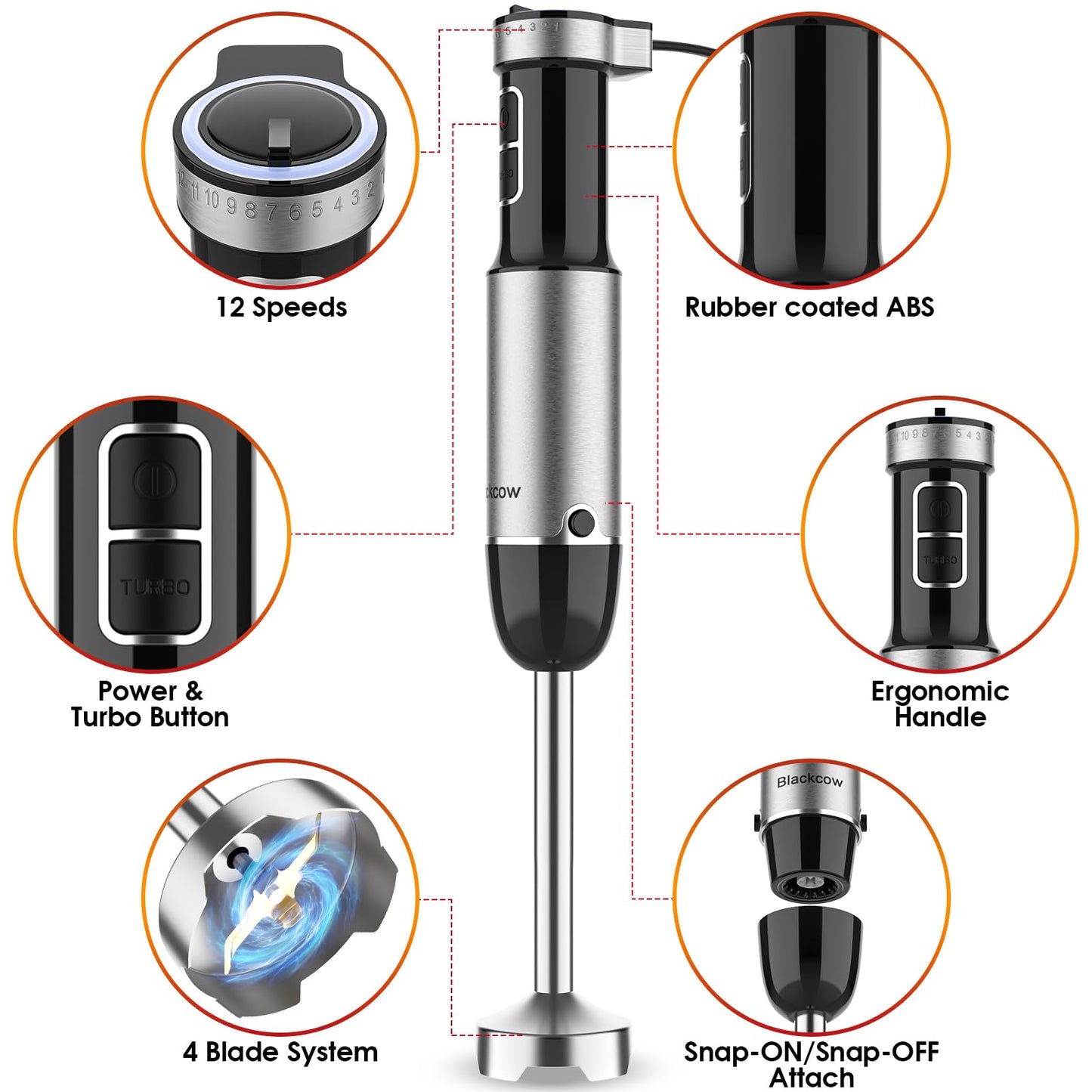 Immersion Blender Handheld for Kitchen,Emulsion Blender Handheld with Titanium Blades,12 Speed Electric Hand Mixer with BPA Free Attachments:Chopper Bowl,Whisk,Milk Frother,Measuring Cup