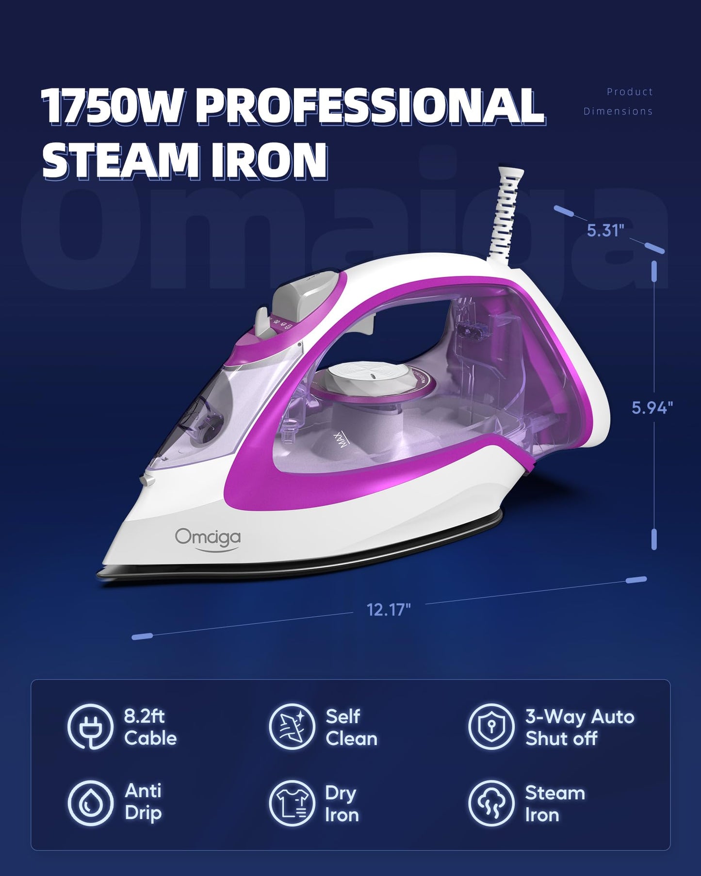 Omaiga Steam Iron for Clothes, 1750W Fast Heating with Powerful Steam, 15.21oz/450ml Large Water Tank, Ceramic Soleplate, Anti-Drip, Self-Cleaning, 3-Way Auto Shut Off for Home Laundry