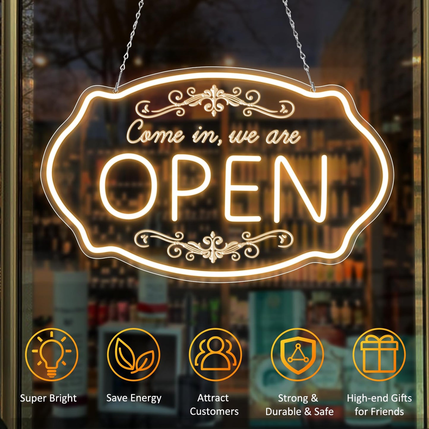 Open Sign for Business, 16.5 x 10 Inch Come In We're Open LED Neon Sign, Adjustable Brightness Warm White Window Sign for Storefront, Coffee Shop, Salon, Restaurant, Bar