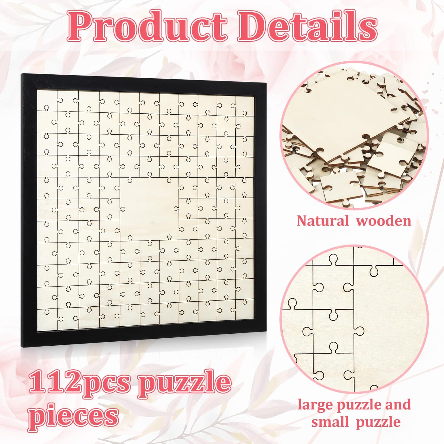 Leinuosen Wedding Guest Book Alternative Jigsaw with 112 Wooden Blank Puzzle with Frame and Pen Personalized Wedding Guest Book Make Your Own DIY Decor for Party Engagement Bridal (112 Pieces, Black)