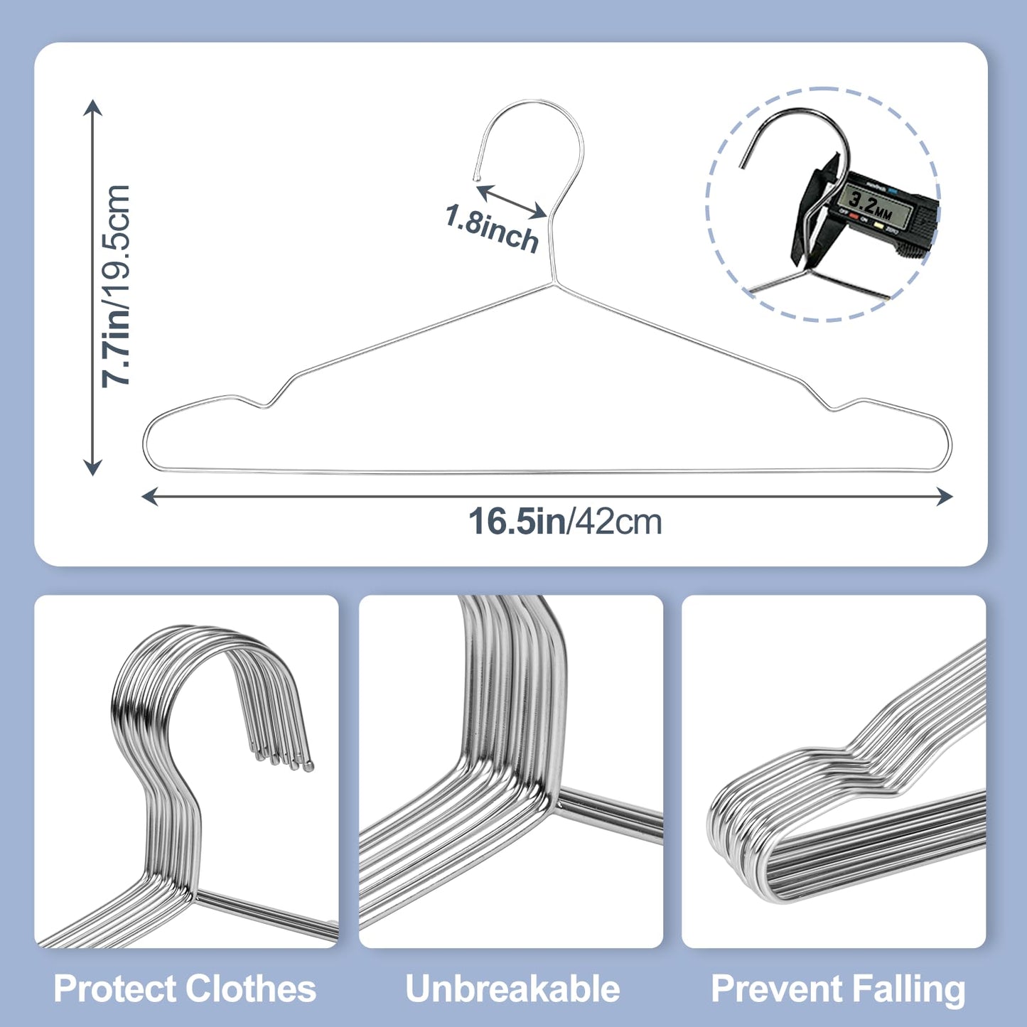 UEAKPIC Heavy Duty 100 Pack Clothes Hangers, Space Saving & Non-Slip Wire Hanger, Stainless Steel Rustproof (11lb & 3.2mm), Metal Hangers for Suits, Shirts, Pants, Dresses (Silver)