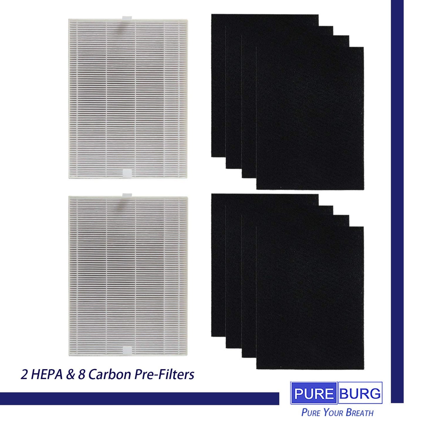 PUREBURG Replacement Filter Compatible with Coway AP-1216L Tower Mighty Air Purifier,H13 HEPA Activated Carbon Pre-Filters Air Clean Dust VOCs Odor (2+8)