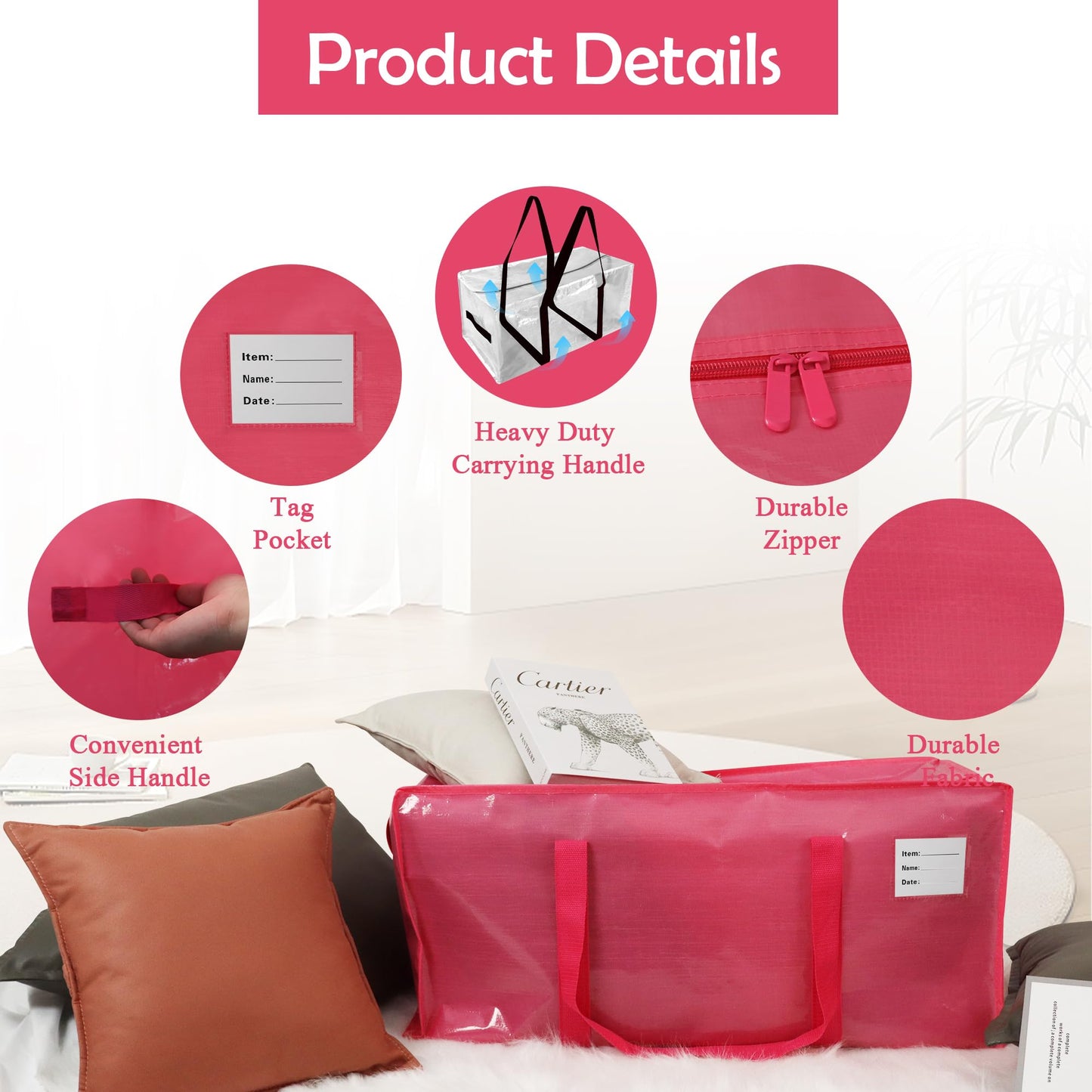 JCBZAMZ Pink 8 Pack Heavy Duty Extra Large Moving Bags with Handles, Waterproof Foldable Storage Bags, Clothing Storage Bags,Packing Moving Bags for College Supplies