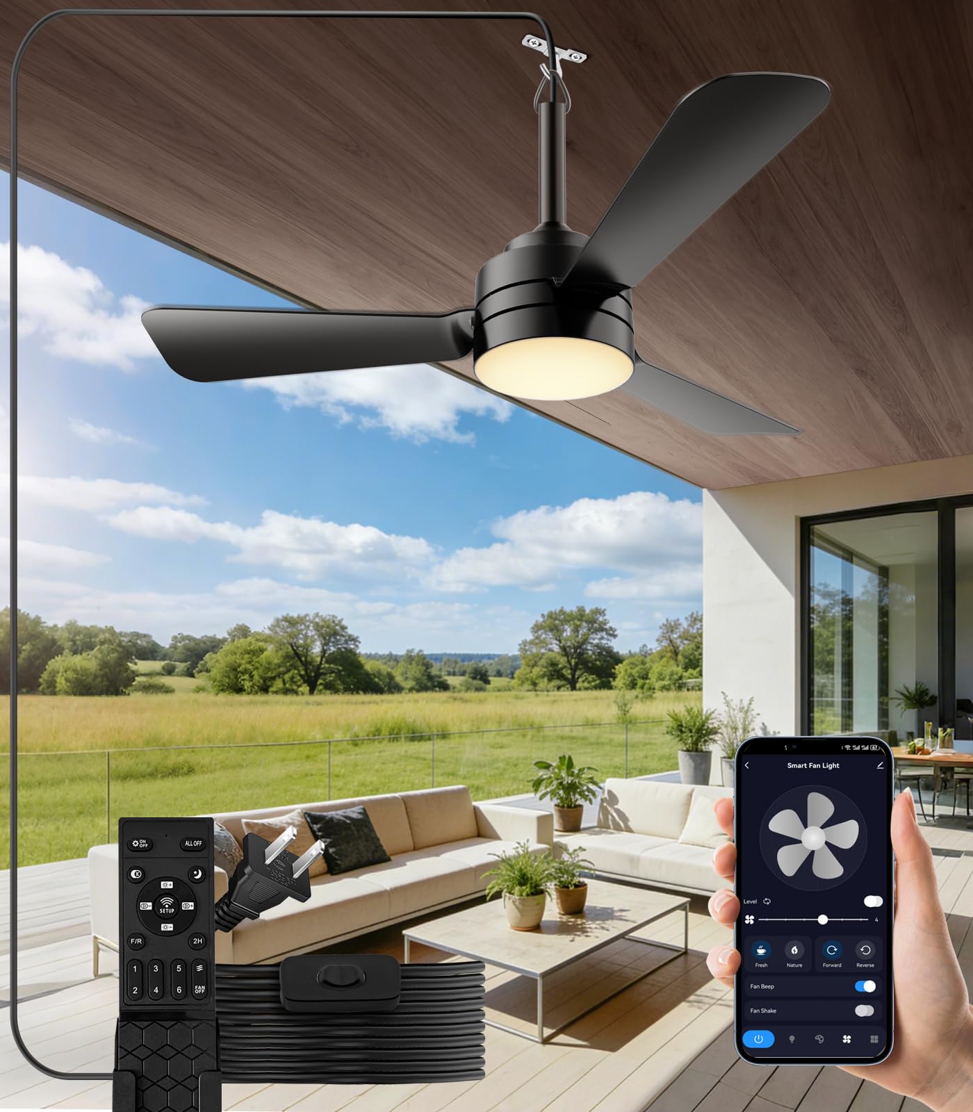 aetherlume 28 inch Plug-in Ceiling Fan Light with16.5ft long cord, Gazebo fan light Dimmable 3CCT LED,Reversible,Portable Hook Design for Bedroom Garage Tent Porch Kitchen patio