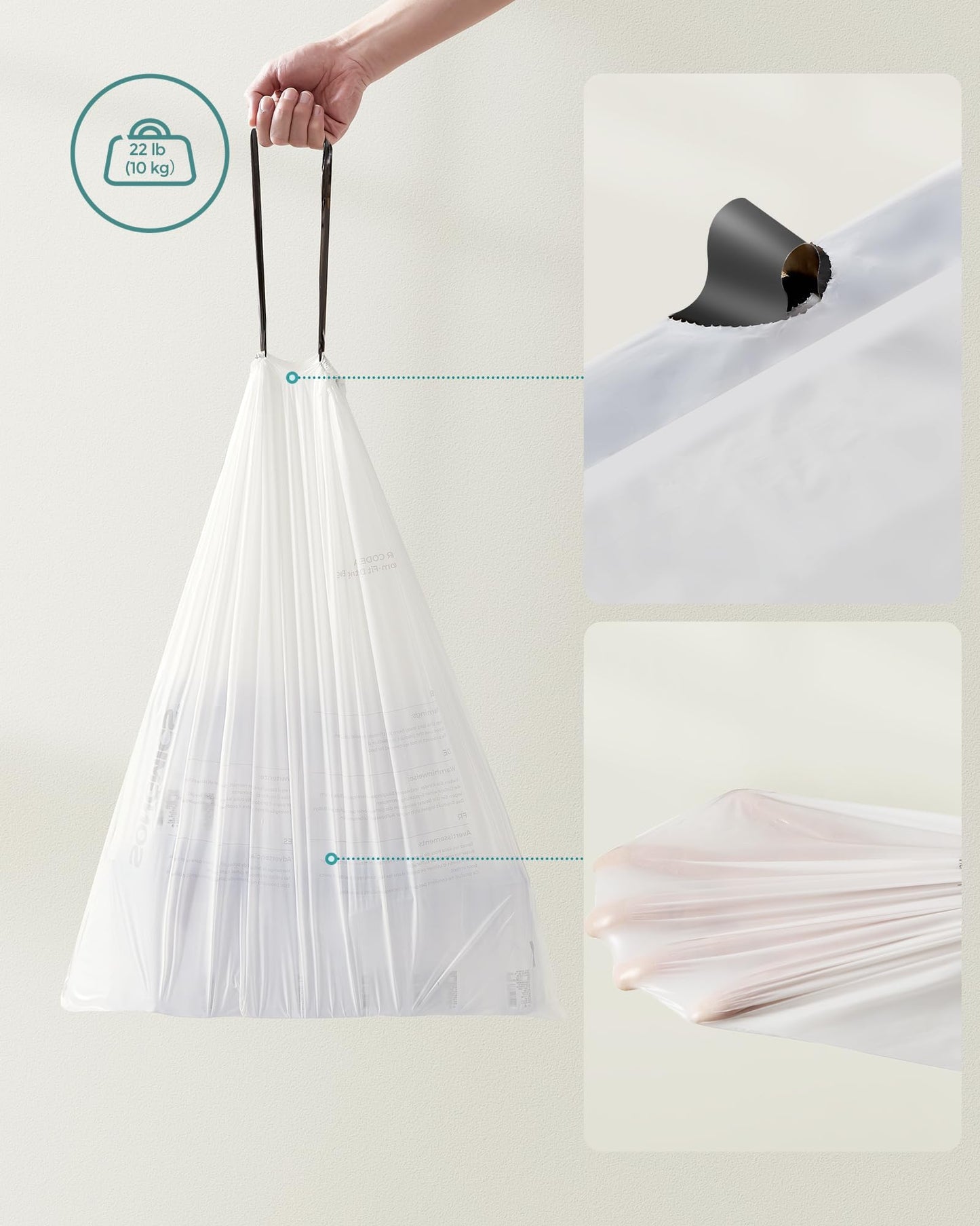 SONGMICS Trash Bags, Drawstring Kitchen Garbage Bags, Pre-Separated, Box-Free Pack, for 8-Gallon (30 L) Trash Cans, Liner Code 30A, 2 Rolls, 90 Count, White UKRB30A02