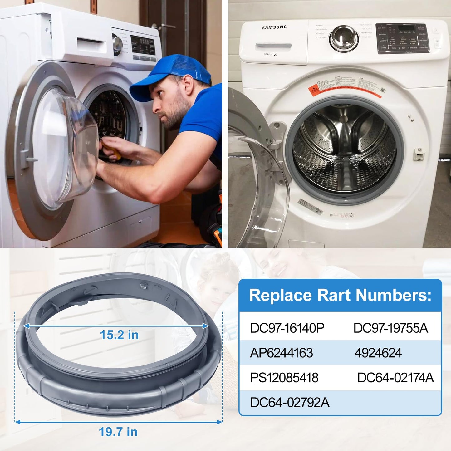 Upgraded DC97-16140P DC97-19755A Washer Door Boot Seal Compatible with Samsung Washing Machine WF45K6200AW WF45K6200AZ WF45M5500AP WF45M5500AZ WF45N5300AW WF45N5300AV Door Seal DC64-02174A DC64-02792A