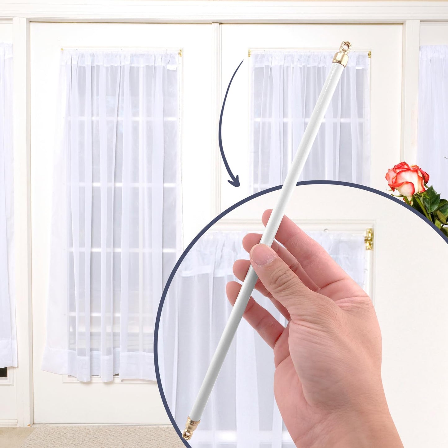 Amazing Drapery Hardware White Swivel Sash Curtain Rods with Brass Ends, Set of 2 (Hardware Included) - Adjustable Length 21-38 Inches, Easy to Install Metal Rods for Doors, Windows, and Sidelights
