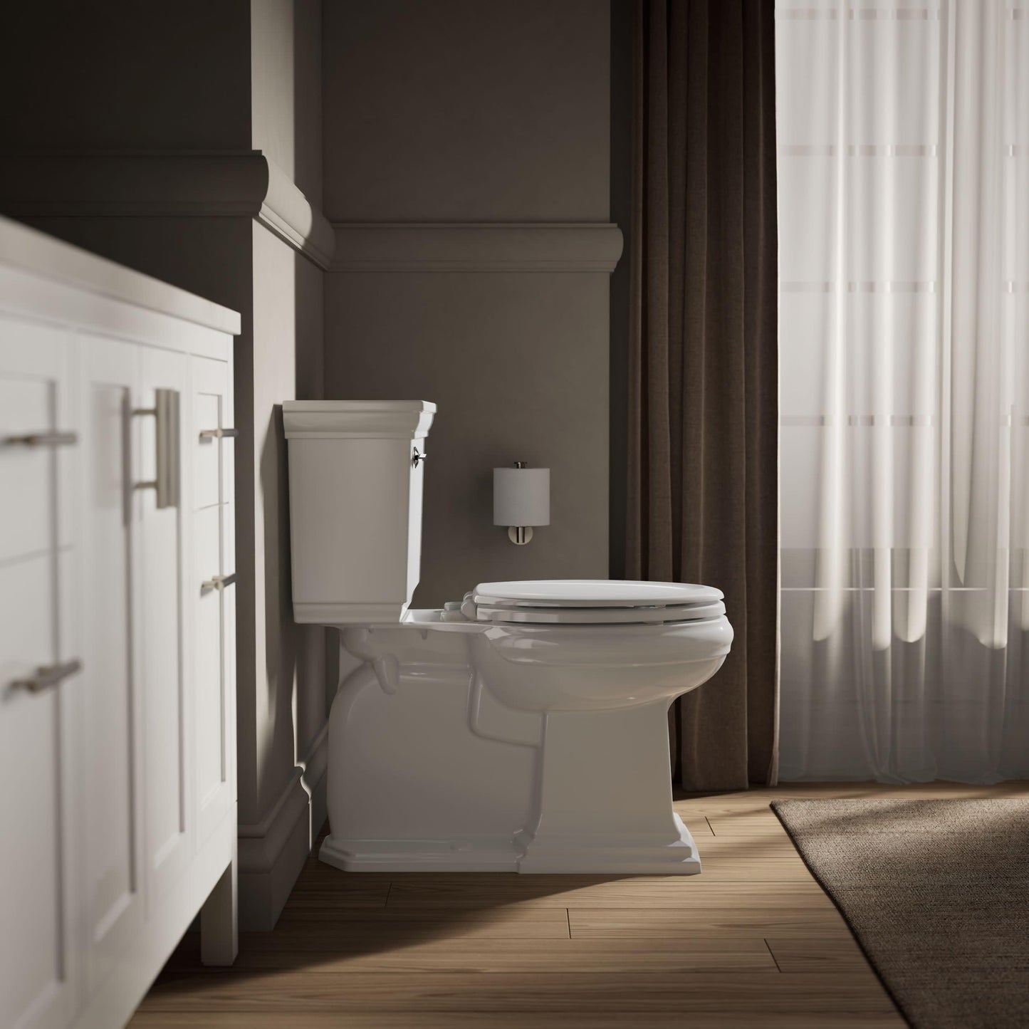 KOHLER Stonewood Quiet-Close, Elongated Toilet Seat Soft Close, Durable Wood, Easy Installation, Universal Fit, Home Essentials, White Finish, K-20466-0