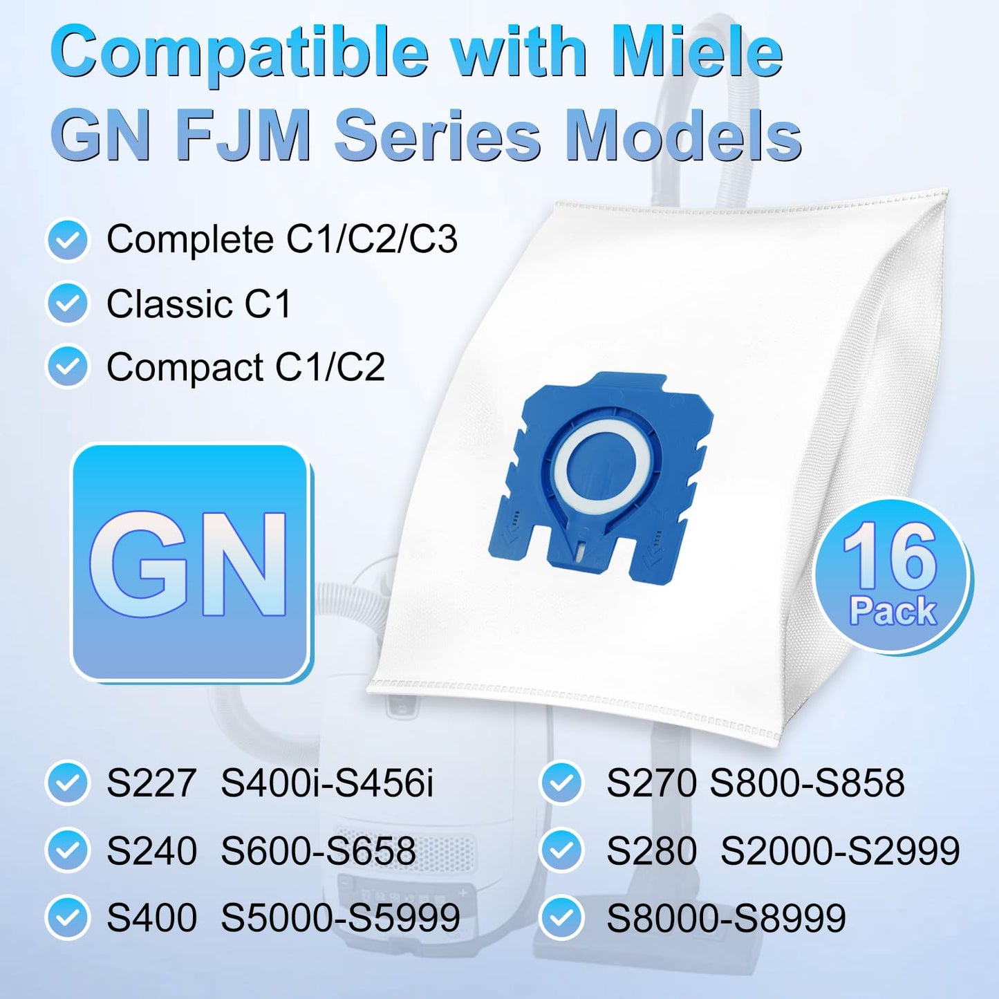 Upgraded 16 Pack 3D Airclean Dust Bags Replacement for Miele GN Vacuum Cleaner Bags for Miele Classic C1, Complete C1 C2 C3, S227, S240, S270, S280, S400, S2, S5, S8 Series Airclean Bags