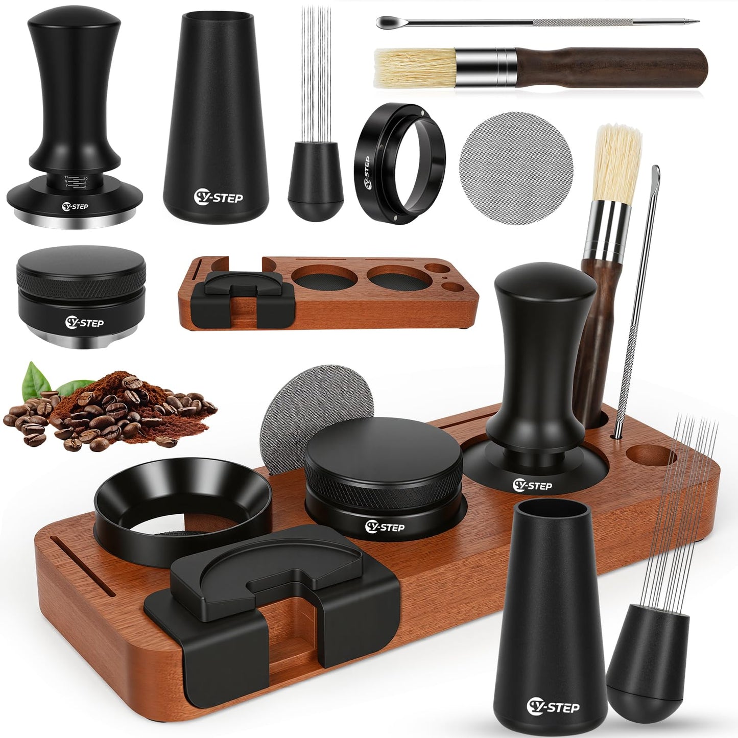 Y-Step 8 Pcs Espresso Accessories Kit, 51mm Espresso Tamper Kit Espresso Tools Barista Kit & Espresso Tamping Station, with 51mm Coffee Tamper, Distributor, WDT Tool, Dosing Funnel, Puck Screen, Brush