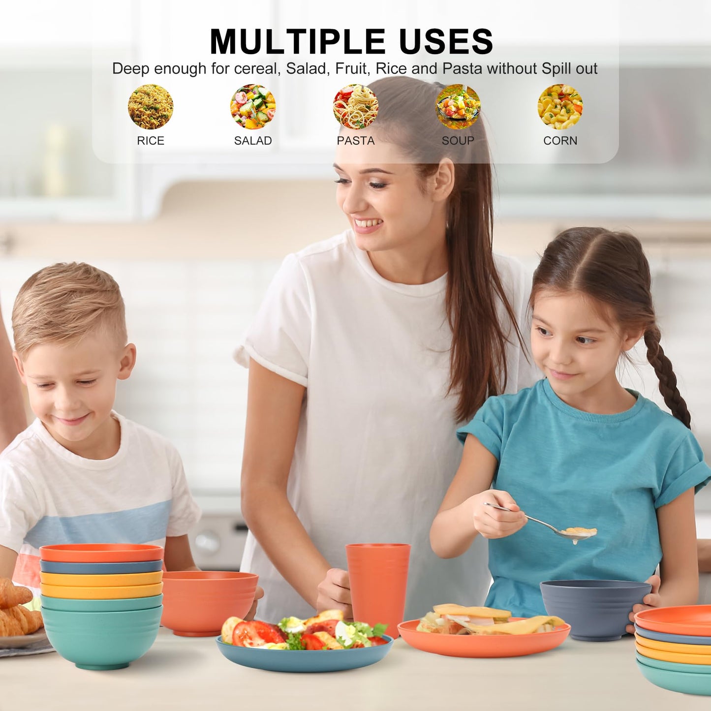HOTEC 24-Pack Unbreakable Kitchen Plastic Wheat Straw Dinnerware Set – BPA-Free Plates, Bowls & Cups | Lightweight, Microwave & Dishwasher Safe | Multicolor Reusable Tableware for Home & Outdoor Use