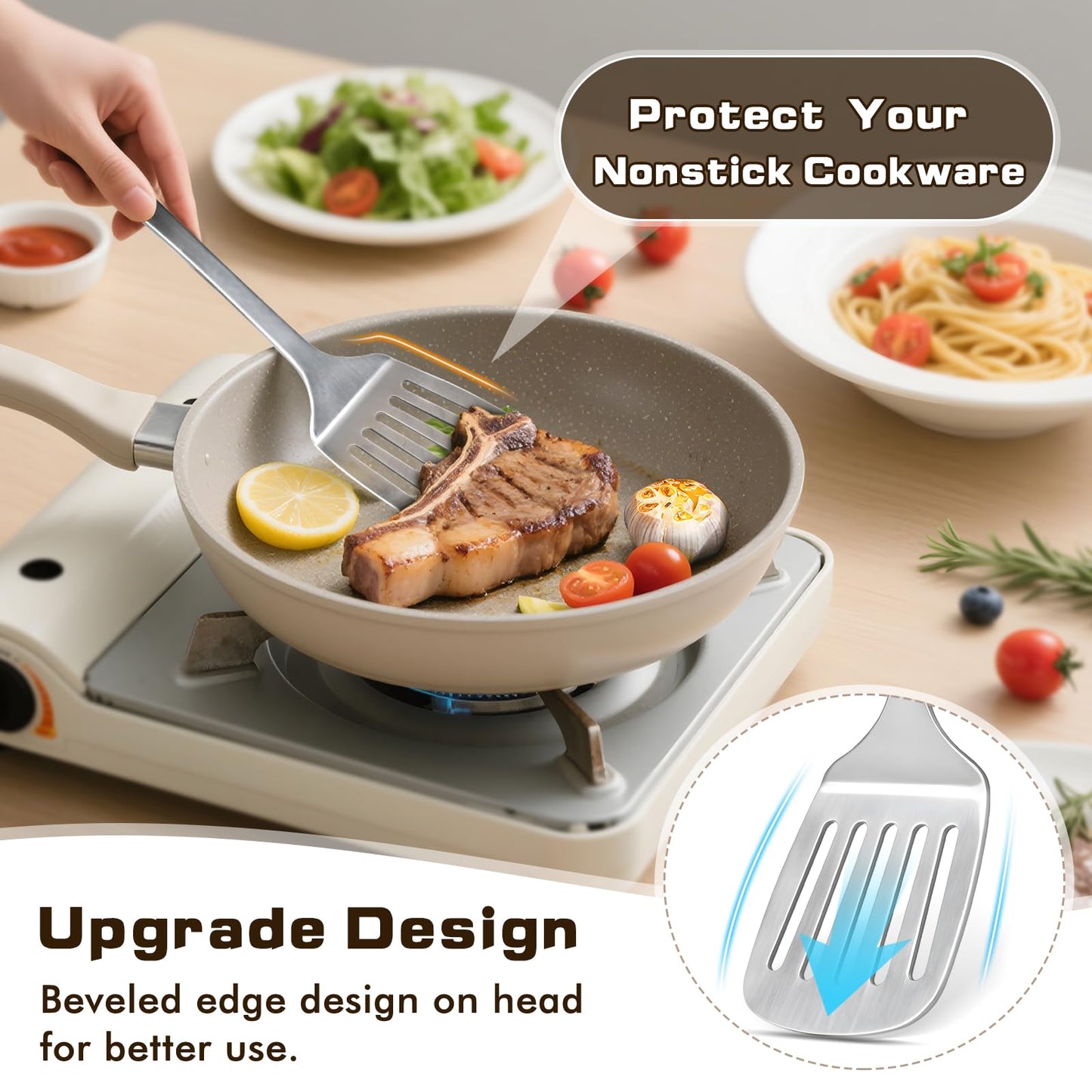 6 Pcs Cooking Utensils Set, Stainless Steel Kitchen Utensils, Heat Resistant Metal Kitchen Tools Include Solid & Slotted Turner Wok Spatula, Serving Spoon, Ladle, Pasta Server, Easy to Clean, Silver
