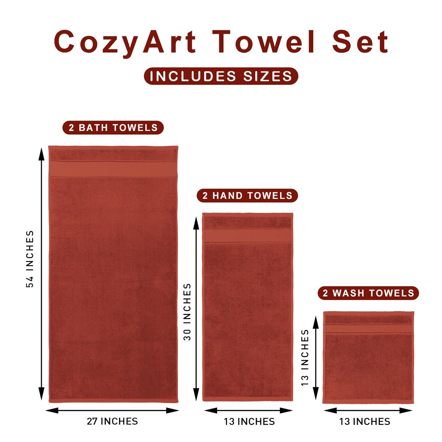 COZYART Burnt Orange Bath Towel Set 6 Piece, Luxury 100% Turkish Cotton 650GSM Hotel Quality, Soft, Absorbent, Towel Sets for Bathroom with 2 Bath Towels 2 Hand Towels 2 Washcloths