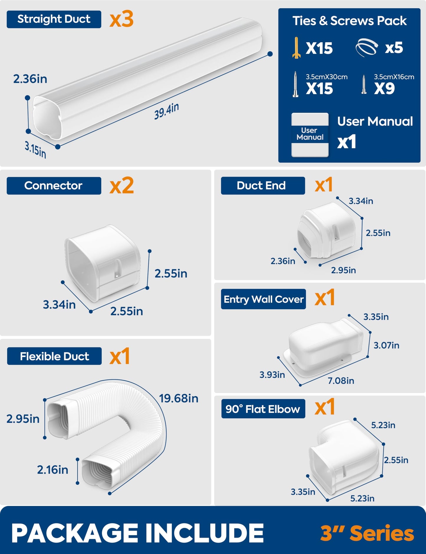 Nouscan 3" 12.5Ft Mini Split Line Set Cover with Flexible Duct, Long Duct Cover Kits - Paintable Minisplit Lineset Cover Kit, AC Line Hide for Mini-Split, Air Conditioner, Central AC, HVAC, White