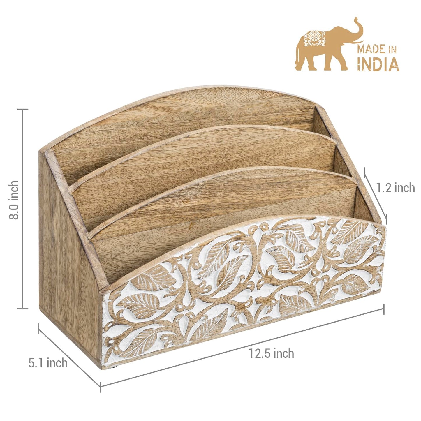 MyGift 3 Tier Rustic Solid Mango Wood Desk Mail Holder and Stationery Sorter with Hand Carved Leaf Pattern, Decorative Office Desktop Document Storage Organizer - Handcrafted in India