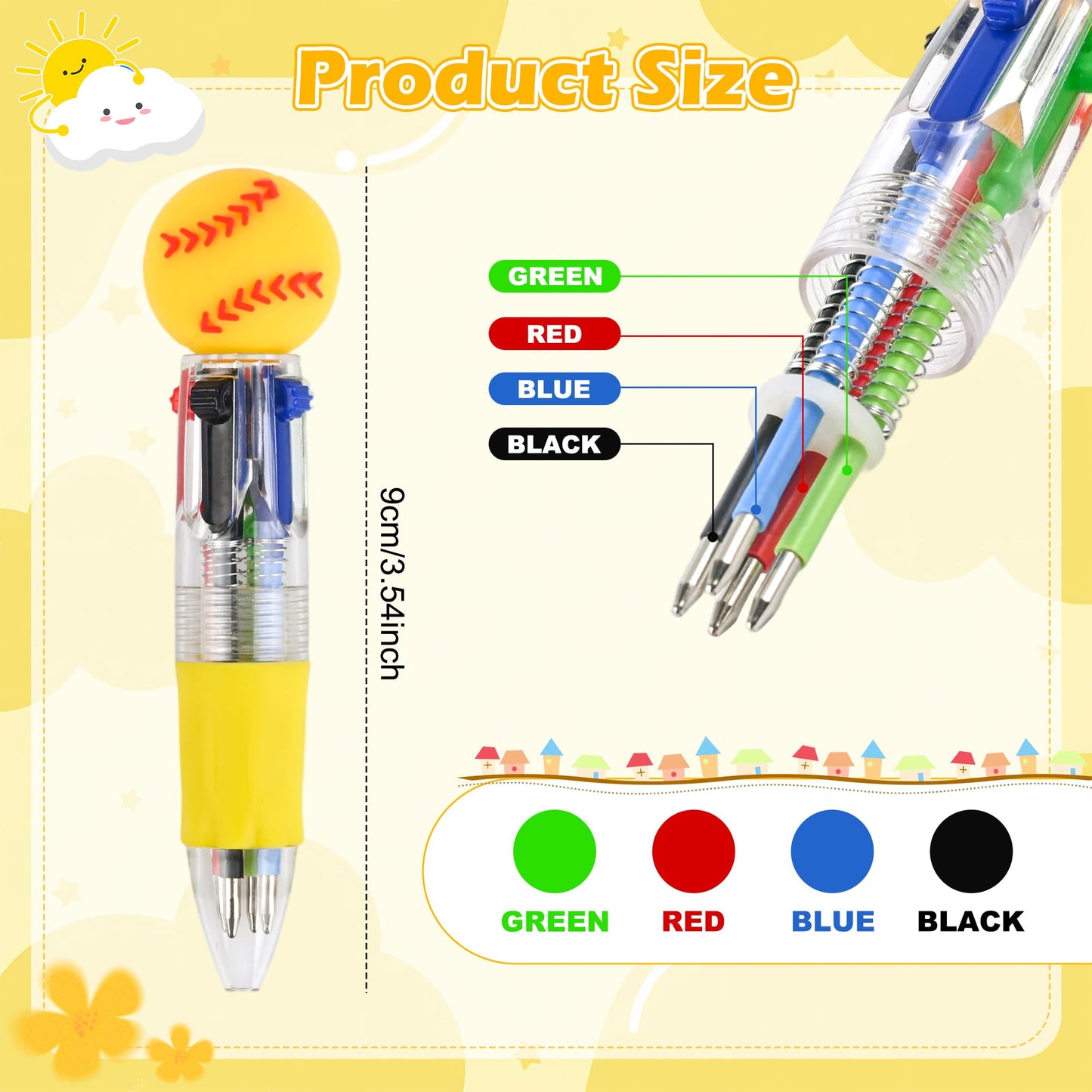 LiYiQ 100 Pcs Softball Party Favor Multicolor Pen in One Cartoon Cute Fun 4-in-1 Cute Pens Bulk Kawaii Softball Shape Cool Ballpoint Pens for Kids Fun Gifts
