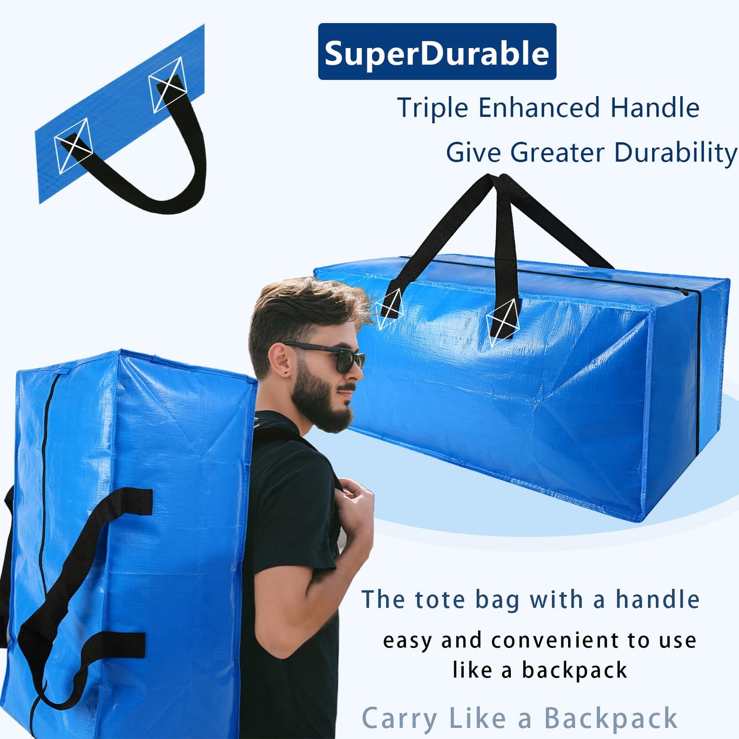 8 Pack Heavy Duty Extra Large Moving Bags Storage Tote - Strong Handles& Backpack Straps - Space Saving Storage Bags Alternative to Moving Boxes and Bins,Compatible with Ikea Frakta Cart, Blue