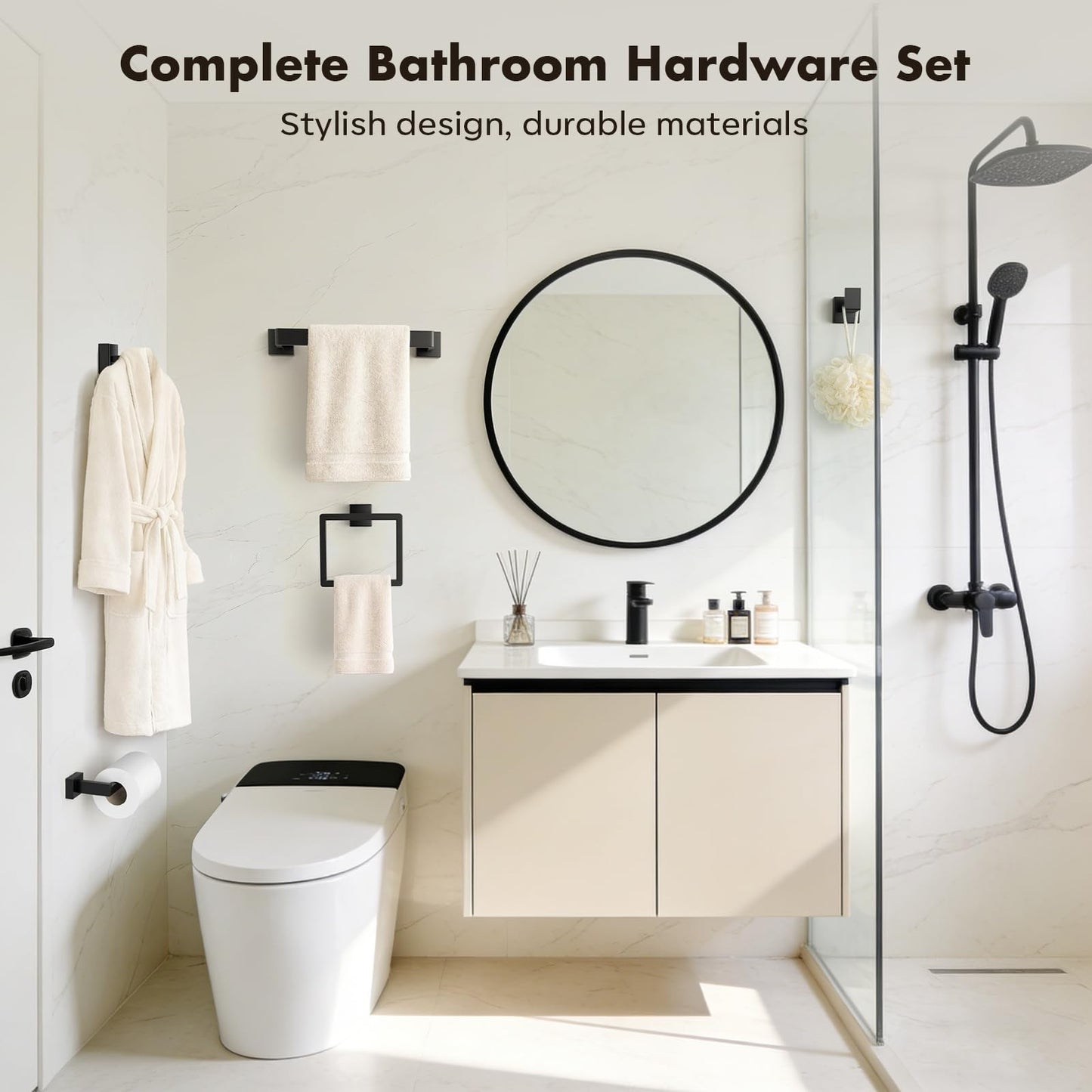Bathroom Accessories Towel Bar Set: 10 Pieces Matte Black Bathroom Hardware Square SUS304 Stainless Steel - Wall Mounted Towel Rack&Toilet Paper Holder&Towel Ring and Towel Hook
