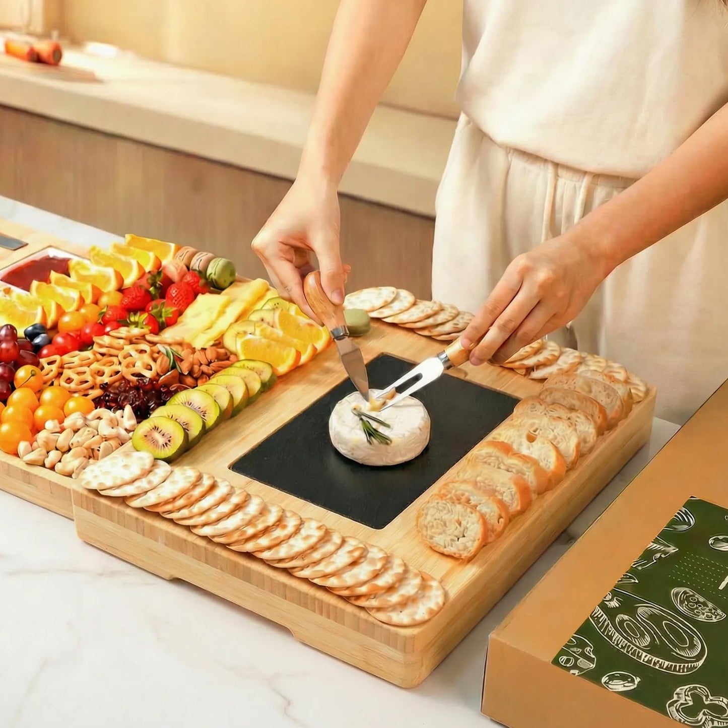 Extra Large 33.7x15.7 inch Charcuterie Boards Gift Set, 100% Bamboo Cheese Board and Knife Set, Cool Meat Cheese Platter Tray, House Warming Gifts New Home, Ideas for Women Mom