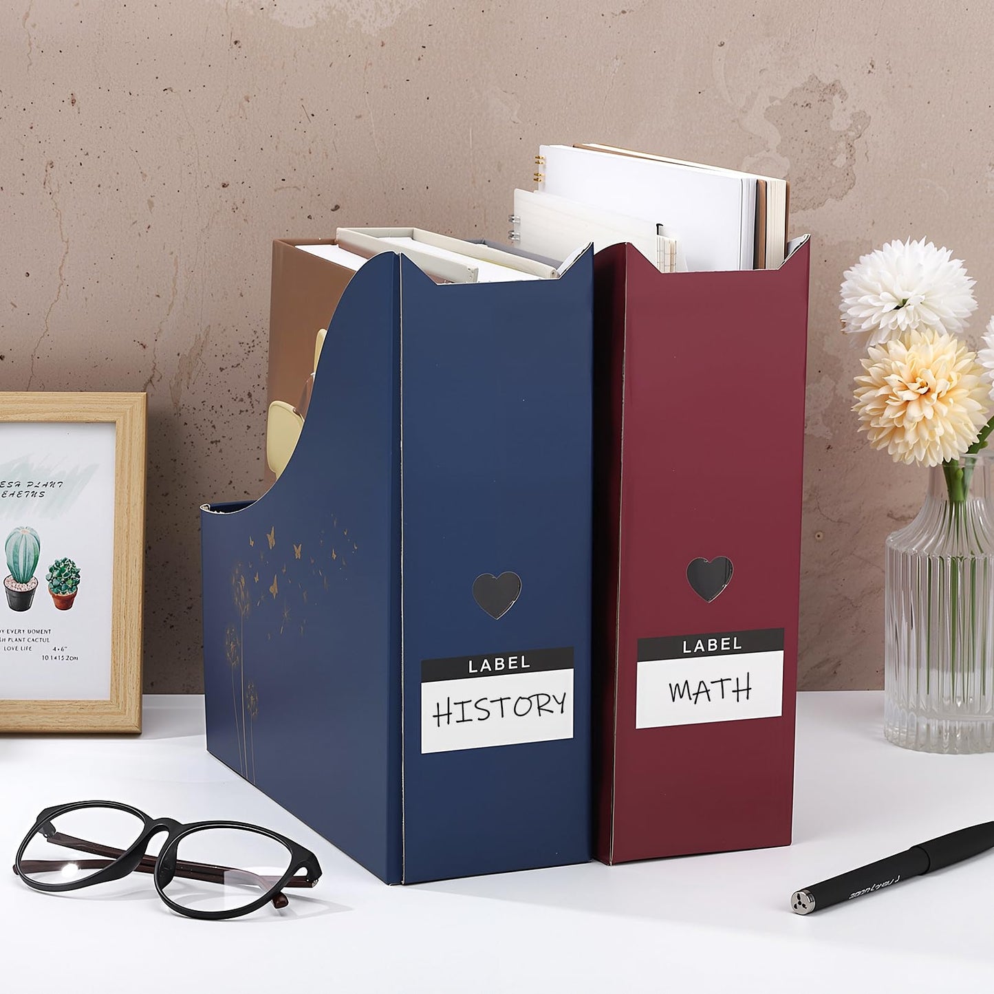 libfrnt 24 Floral Cardboard Magazine Holders Set, File Folders Organizer Decorative 10.23x10.63 Inch with 48 Printable Labels Storage Boxes for Home Office School Desk Classroom