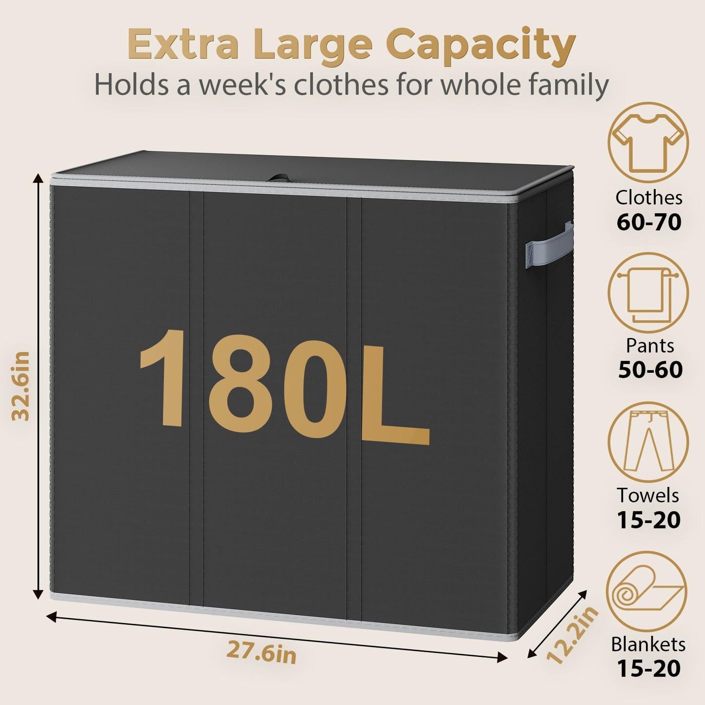 Optish 180L Laundry Hamper 3 Section, Large Laundry Hamper with Lid, Dirty Clothes Hampers with 3 Inner Bags, Laundry Basket Organizer for Laundry, Bedroom, Bathroom, Hamper 3 Compartment, Black