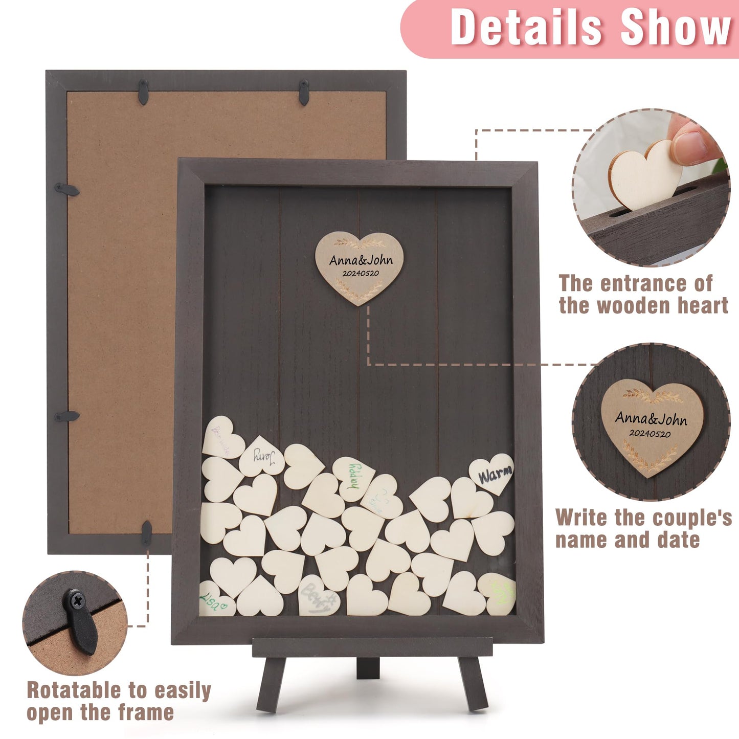 SELEAD Solid Wood Wedding Guest Book Alternative - Rustic Drop Top Picture Frame Sign with Chalkboard, 100pcs Wooden Hearts, Storage Box - Wedding Reception for Party Anniversary Birthday