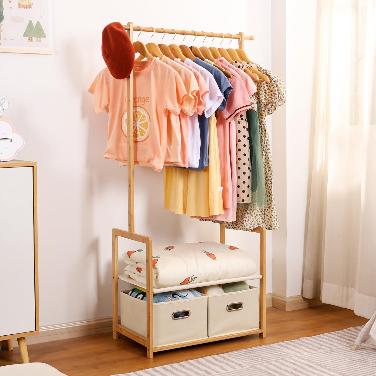 Vilaxing Kids Clothing Rack Bamboo with 2 Storage Baskets and 2 Adjustable Hanging Rods,Child Garment Holder with Shelf, Dress up Racks for Playroom,Toddlers Bedroom (Natural)