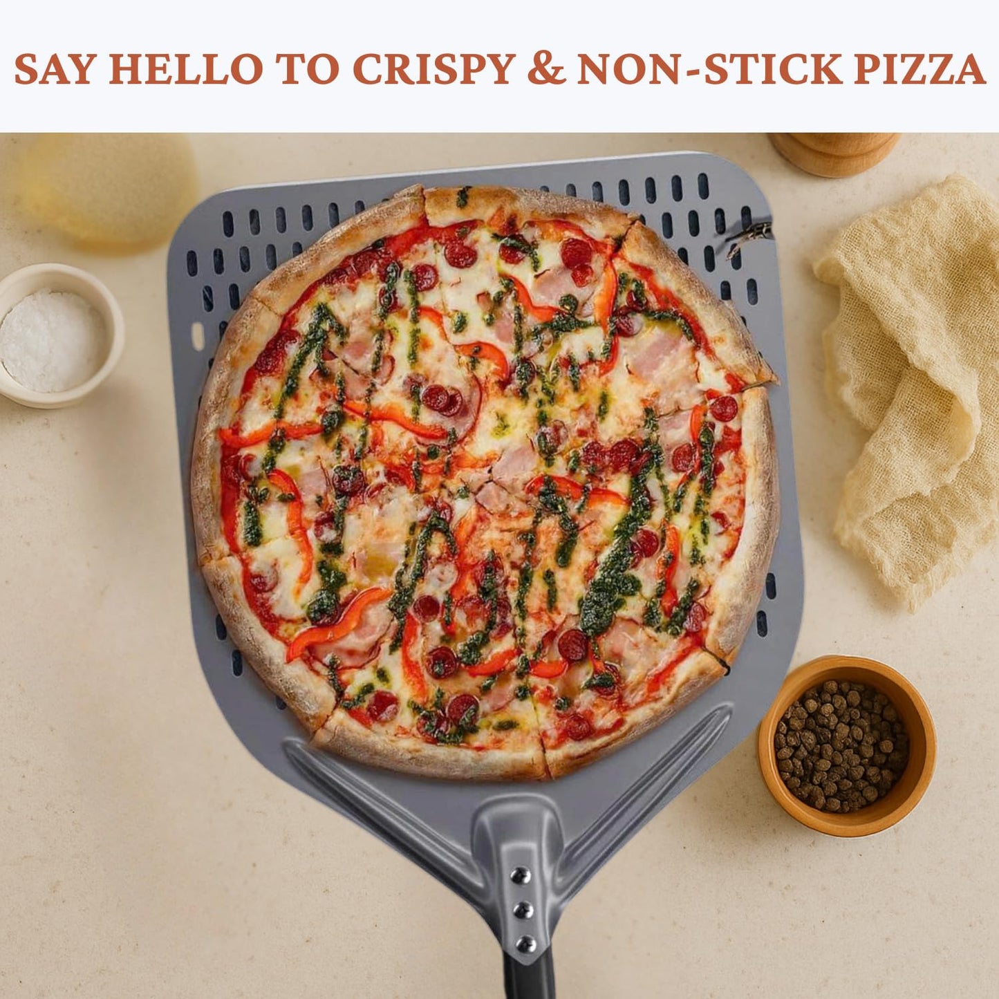 Colenza Pizza Peel 16 Inch with Long Handle, Approx 16" Wx 18" L, Aluminum Perforated Pizza Peel 16 inch with 14" Pizza Cutter Rocker Blade, Non Stick, Easy Slide for Baking, Outdoor & Indoor Use