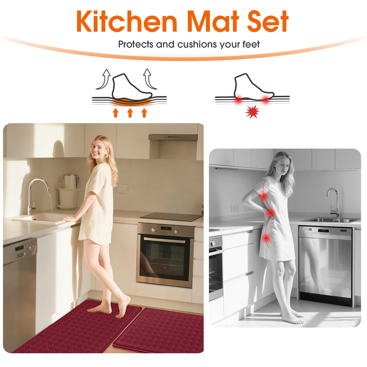 TranquilRelax Kitchen Mats, 2PCS Kitchen Rugs, Cushioned Anti Fatigue Kitchen Mats for Floor, Non-Slip Standing Desk Mat, Waterproof Kitchen Rug Set for Kitchen, Floor, Office,17.3"×30"+17.3"×47",Red
