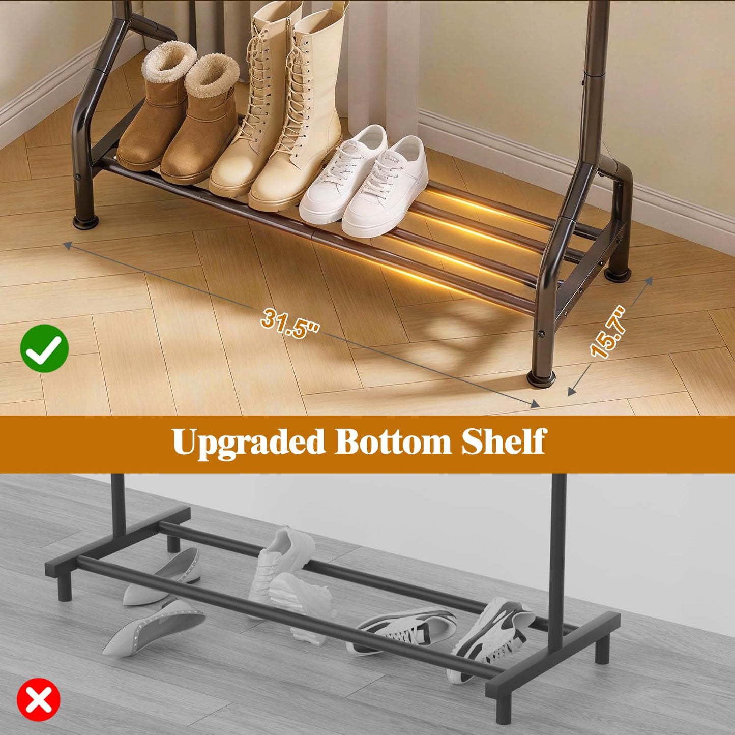 EAGMAK Sturdy Clothing Racks with Shelf, Metal Clothes Rack with Leveling Feet for Hanging Clothes, Freestanding Garment Coat Rack for Bedroom, Apartment & Small Spaces, Black