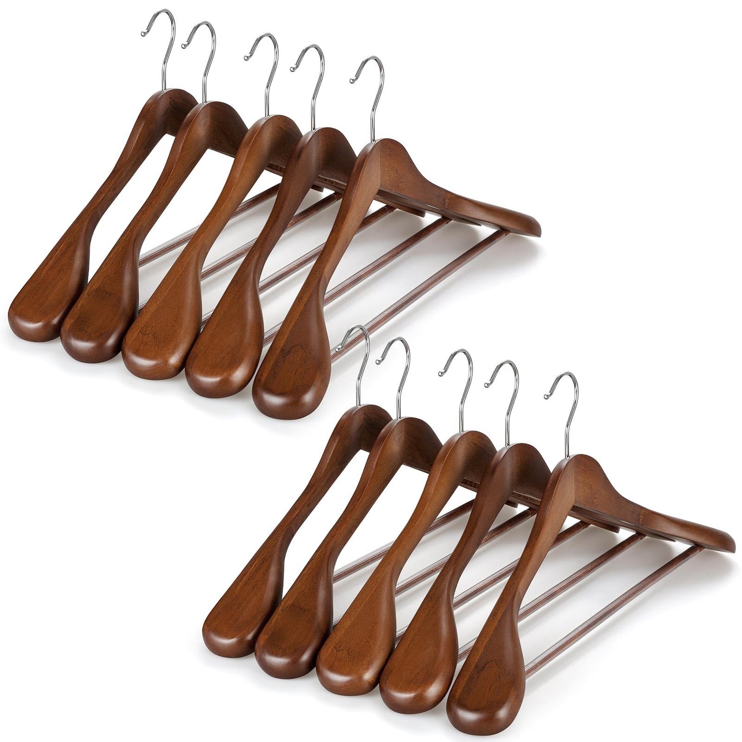 TOPIA HANGER Wide Shoulder Wooden Hangers, Suit Hangers with Non Slip Pants Bar & 360° Swivel Hook, Solid Wood Heavy Duty Coat Hanger, 10 Pack (Walnut)-CT02WA-10