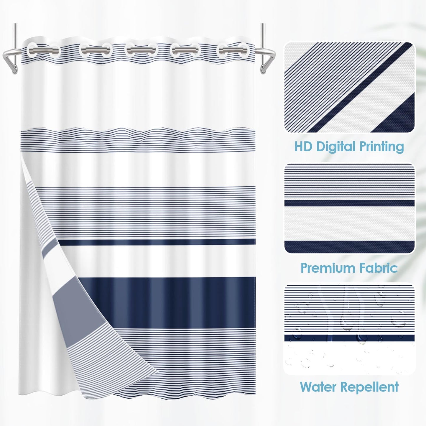 Nesphy No Hook Navy Blue Shower Curtain with Snap in Fabric Liner Set, Boho Striped Modern Double Layers Waterproof Fabric with See Through Top Window Open Grommet Bath Curtain 71x74 Inch