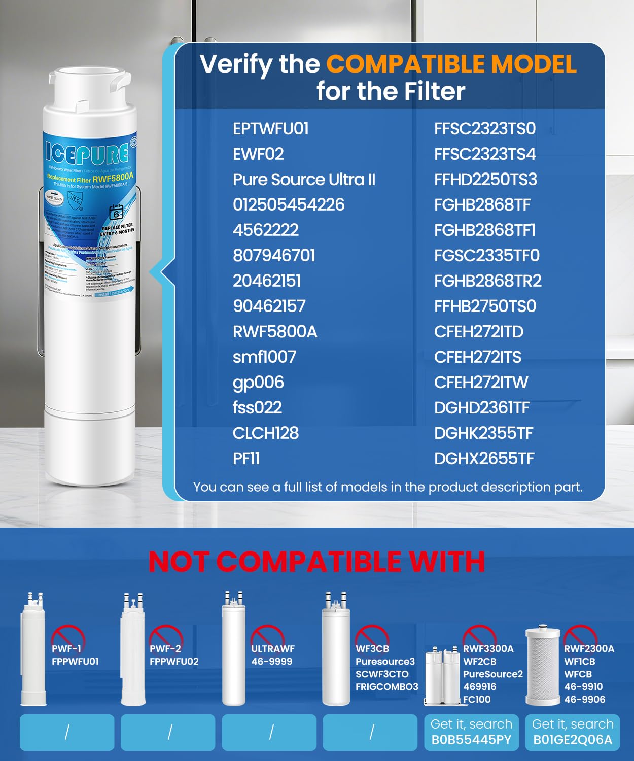 ICEPURE RWF5800A Refrigerator Water Filter Replacement for Frigidaire EPTWFU01, EWF02, Pure Source Ultra II, PureSource Ultra 2, SCWFTCTO, GP006, EPTWFUO1, MR022, JO22, BO022, TH-01, DE022, 1007 4PACK