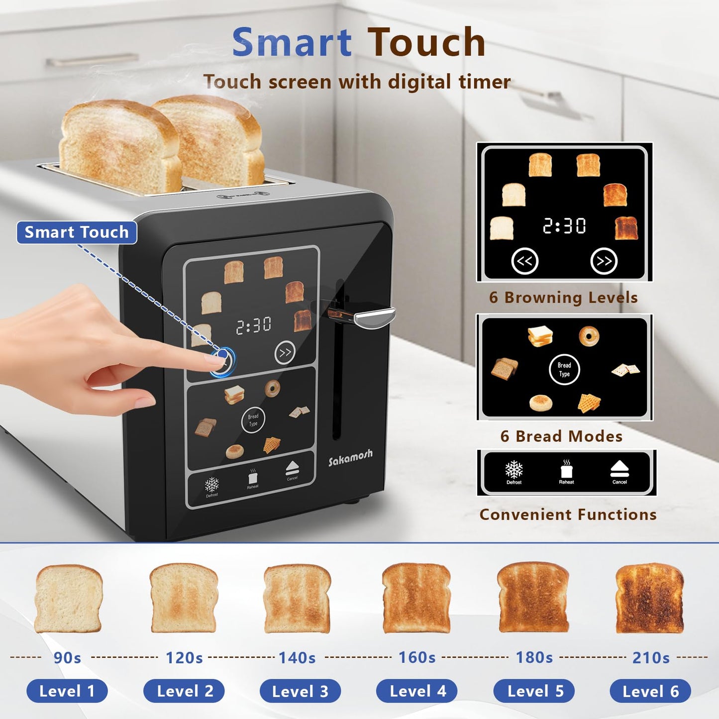 SAKAMOSH 2 Slice Touch Screen Toaster 1.3" Wide Slots for Bagels, Smart Digital Display Toaster with 6 Browning Levels & 6 Bread Types, Memory, Defrost, Reheat, Stainless Steel, 800W
