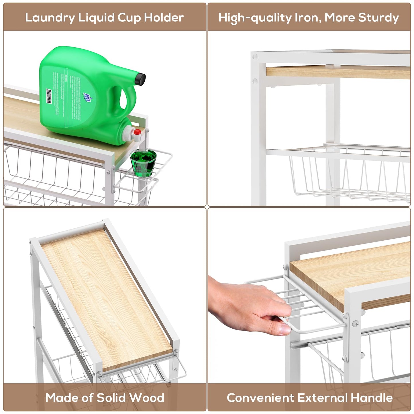 PAPAGIFTREE 4 Tier Slim Rolling Storage Cart with Pull-Out Baskets, Narrow Sliding Storage Slim Laundry Cart Slim Rolling Kitchen Cart