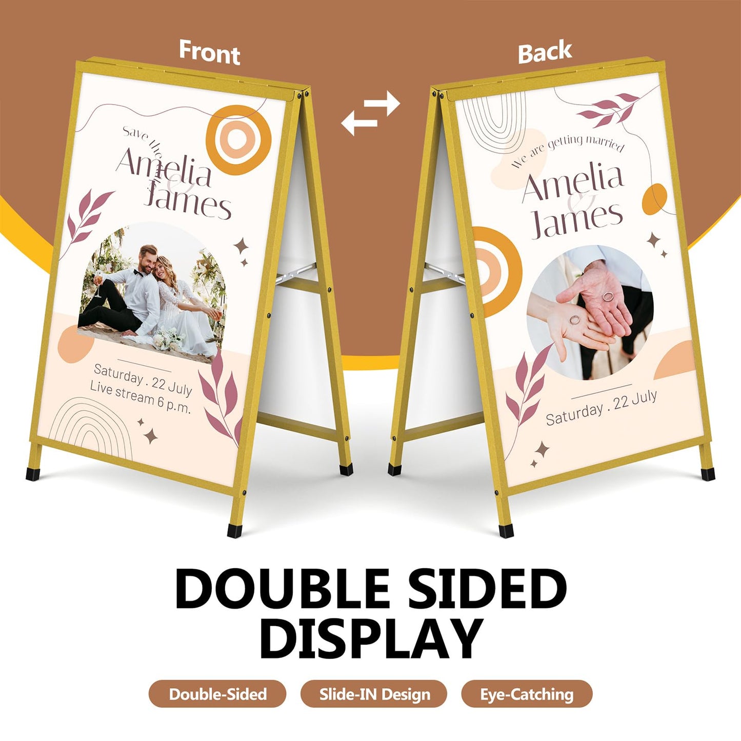 Golden A Frame Sign, Heavy Duty Slide-in A Frame Sign Holder, Double-Side 24x 36 Inch Sandwich Board for Office, Wedding, Business, Party Poster, Frame only