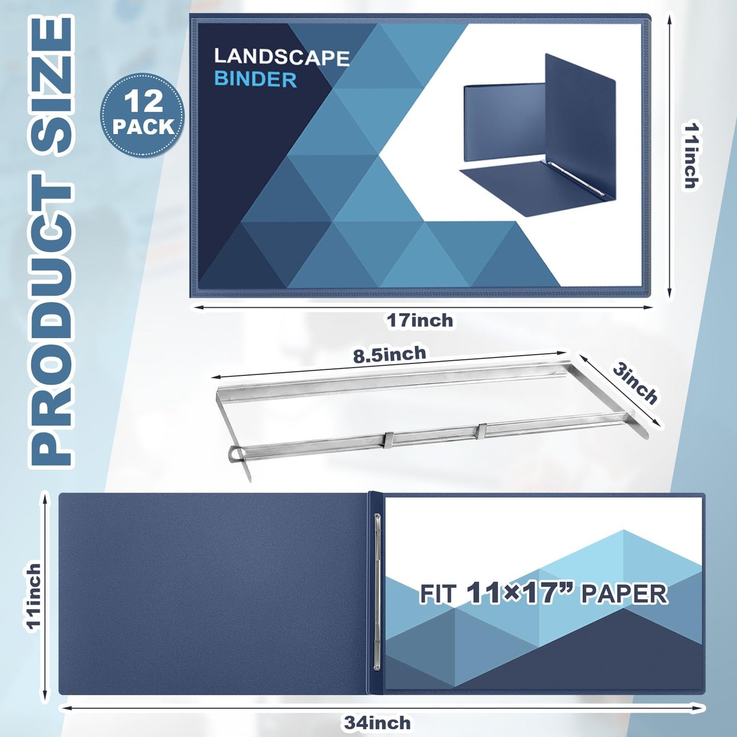 12 Pcs 11'' x 17'' Portfolio Binder Bulk with Fastener, 3" Capacity Presentation Binder Folder Plastic Report Covers with Clear Pocket for School Portfolio Business Document Storage Proposals(Blue)