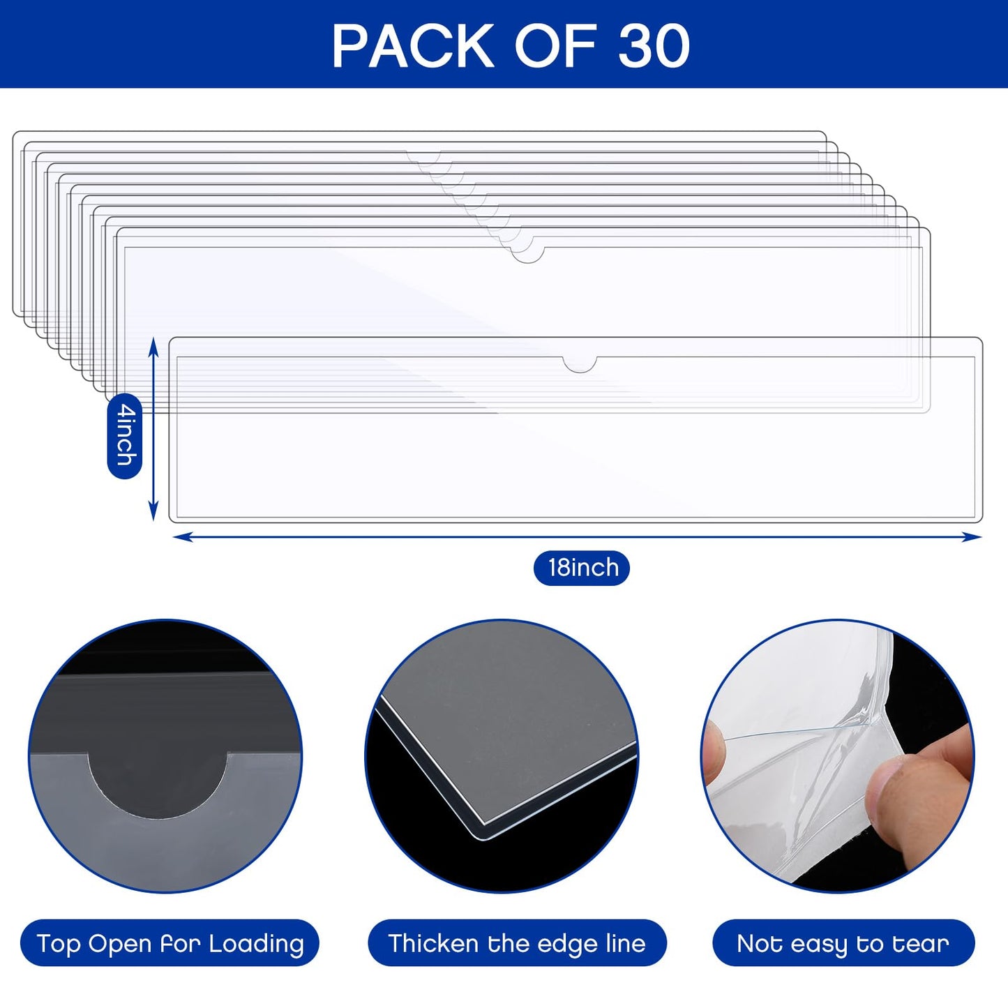 Chinco 30 Pcs Self Adhesive Pockets, Bin Labels for Storage Bins, Clear Pocket Label Sleeves, Plastic Index Card Holder with Top Open for Organizing Bins Box Drawer(18 x 4 Inches)