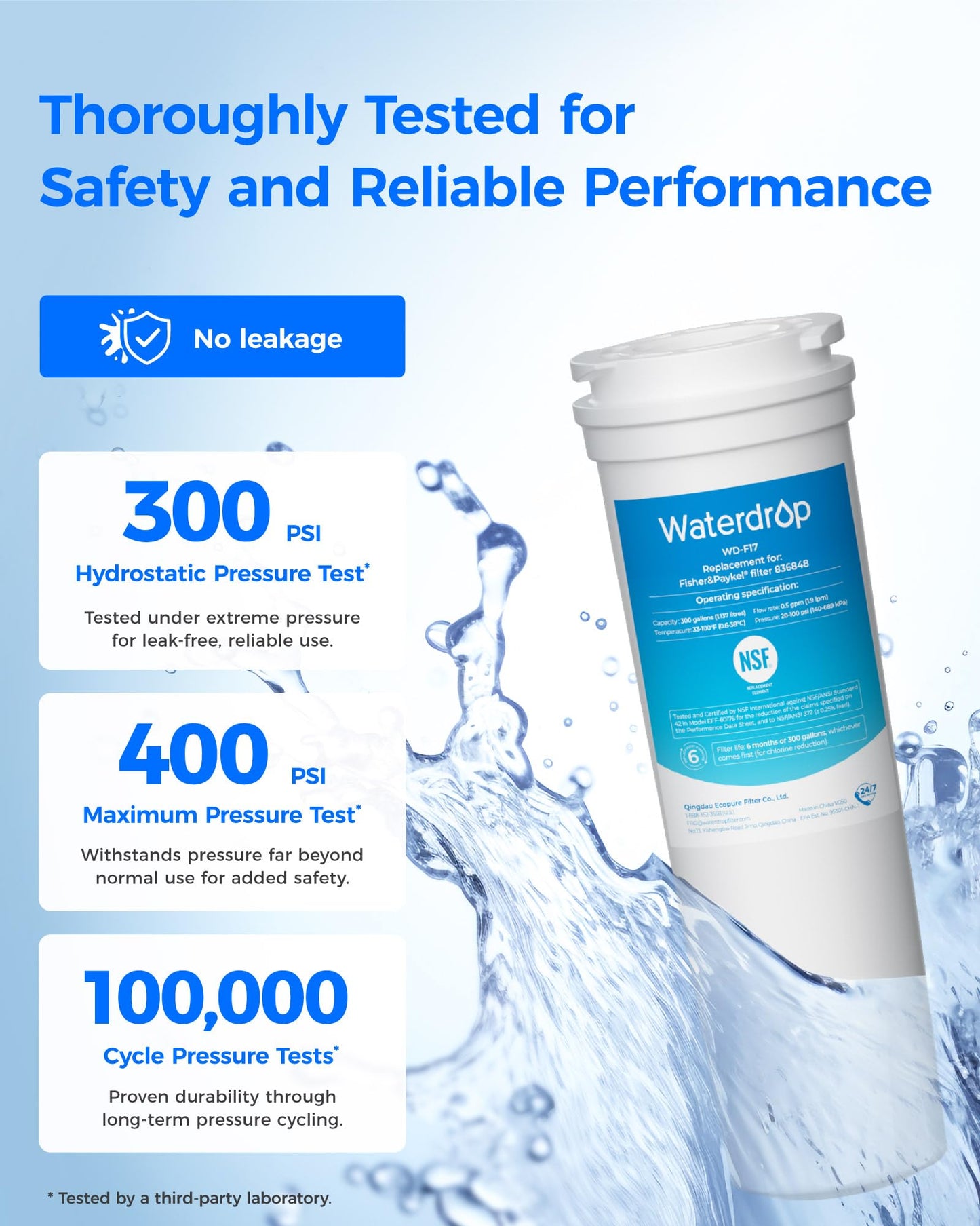 Waterdrop 836848 Replacement for Fisher & Paykel® 836860, 862285, 862284, E402, E442B, E522B, RO185014, RO185011, Refrigerator Water Filter, Pack of 3
