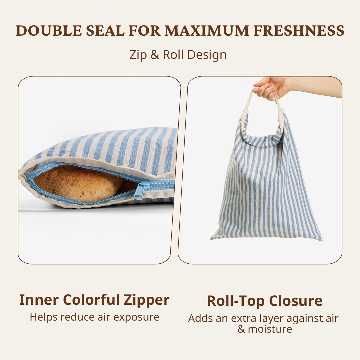 BRONYPRO Reusable Beeswax and Cotton Bread Bags with Zipper, 2-Pack Waxed Bread Bags for Homemade Bread & Sourdough, Sustainable Sourdough Loaf Storage to Lock in Freshness, Large 17x12.6in, Blue