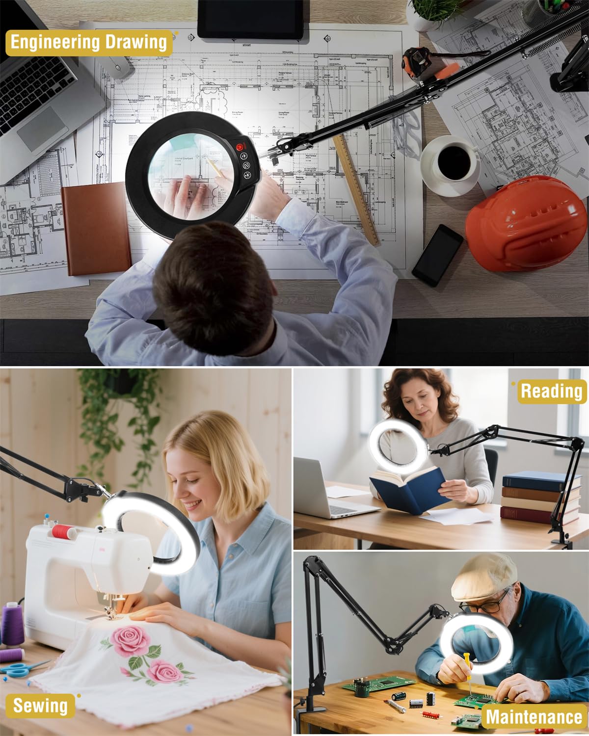 12X Magnifying Glass with Light and Clamp, Ultra Long 3 Section Swing Arm LED Desk Lamp, Real Glass Lens, 5 Color Modes Dimmable, Hands Free Lighted Magnifier with Stand for Repair Craft Close Work