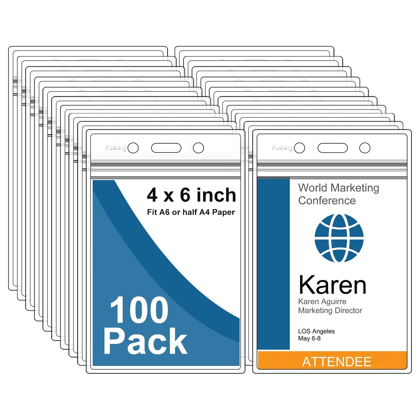 Fushing Pack of 100 Clear Plastic Vertical Badge Holders, Name Tag Holders, Card Holders (XXL)