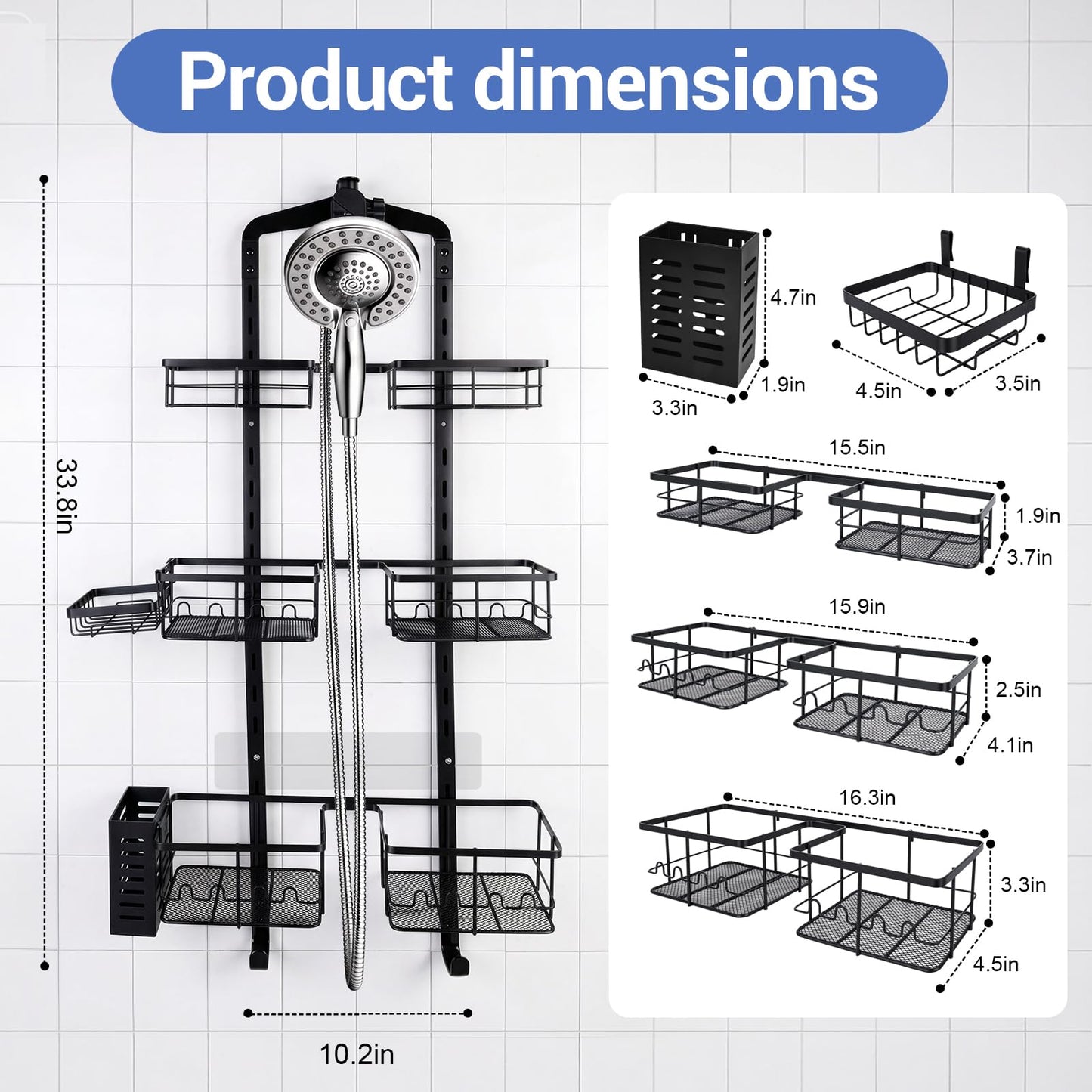 Marovitax Extra Large Shower Caddy Hanging, Rust-Resistant Shower Organizer Hanging, 3 Tier Height-Adjustable Over the Head Caddy, Rack with Soap Basket (Black)