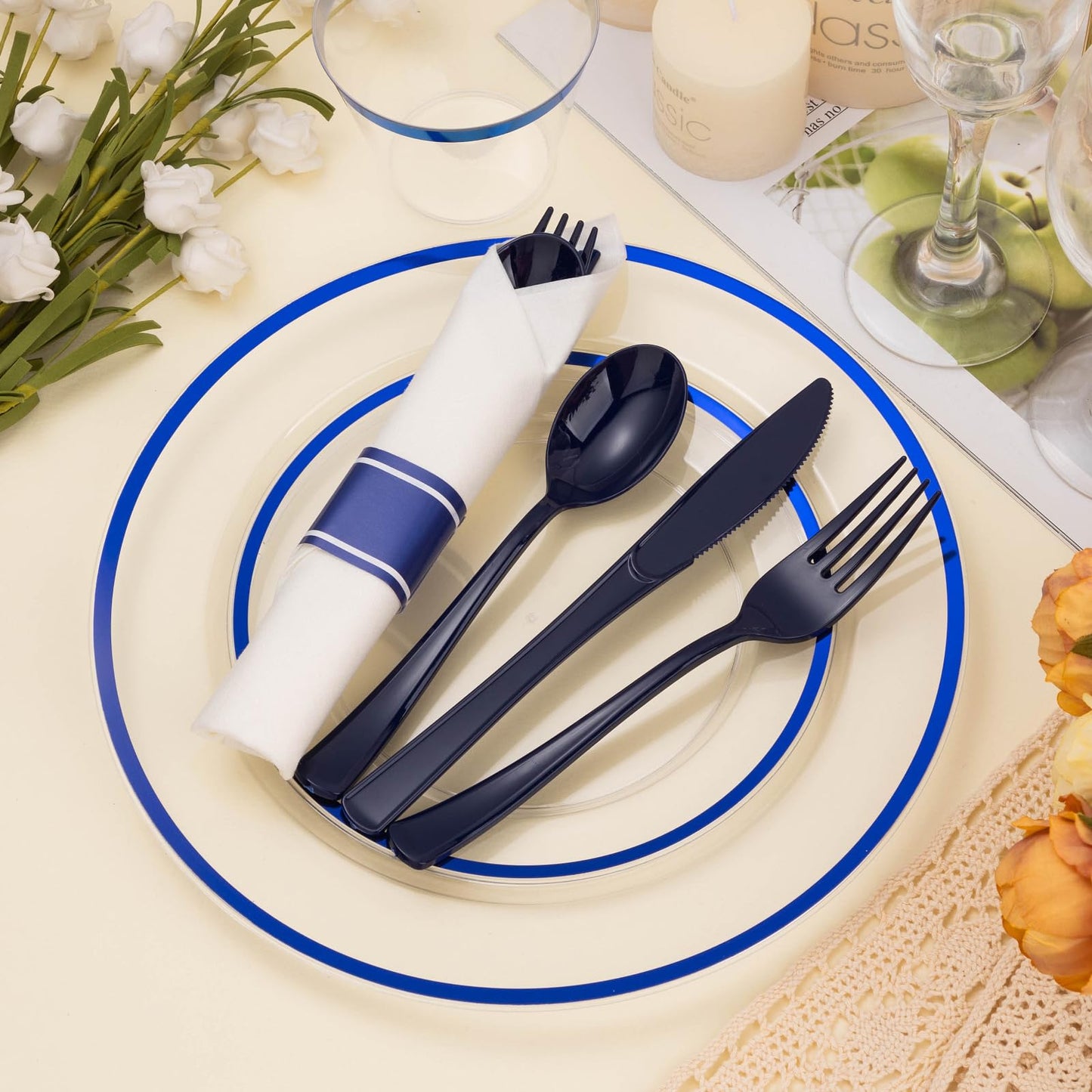 BESTSTAR 350PCS Clear and Blue Disposable Plates Set for 50 Guests, 100 Plastic Plates, 50 Cups, 50 Pre-Rolled Napkins with Plastic Cutlery for Graduation Party, Birthday, Thanksgiving, Christmas