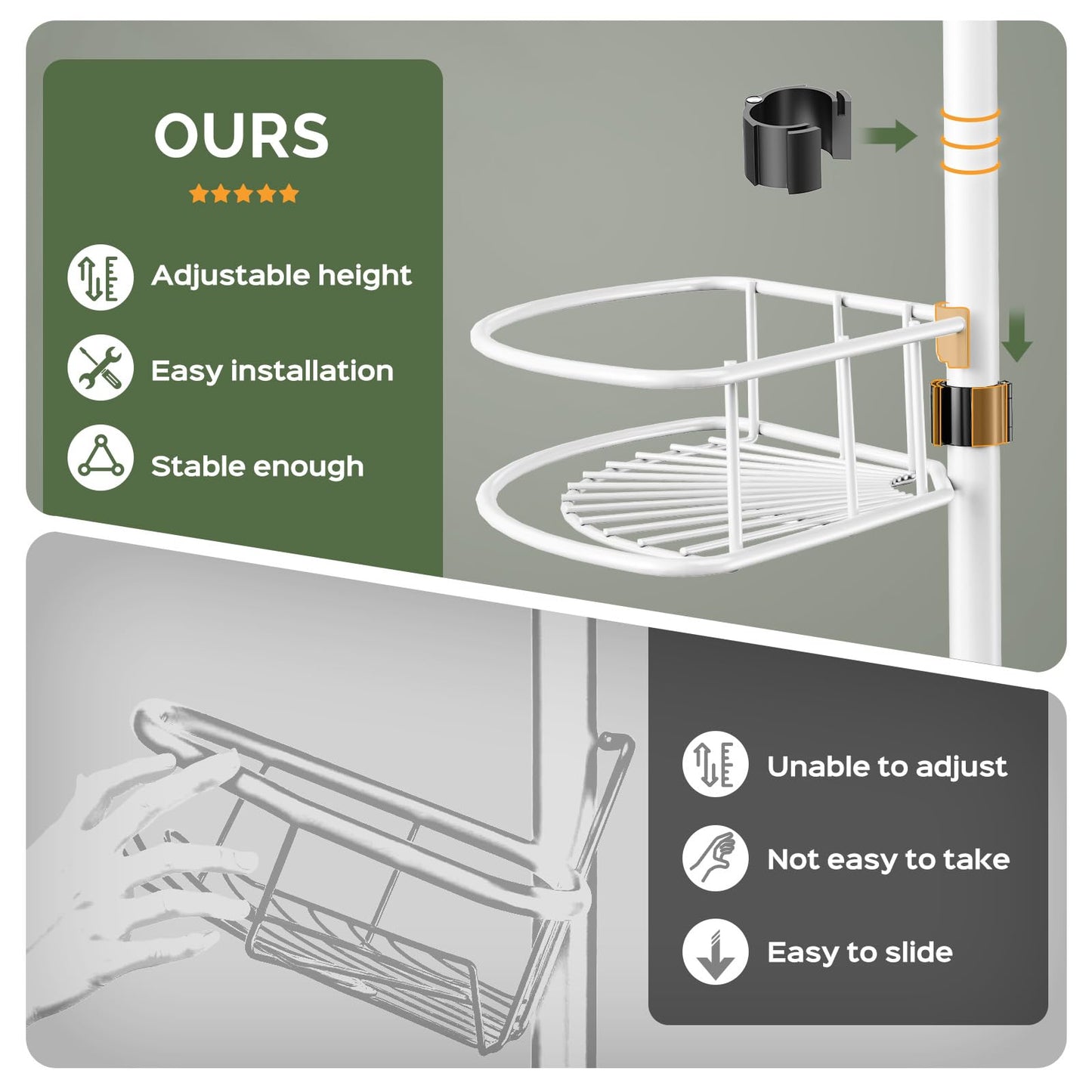 HAMITOR Corner Shower Caddy Tension Pole: Rustproof Bathroom Organizer Shelves for Bathtub Shampoo Accessories Storage Holder - 47-121 Inch Adjust - White