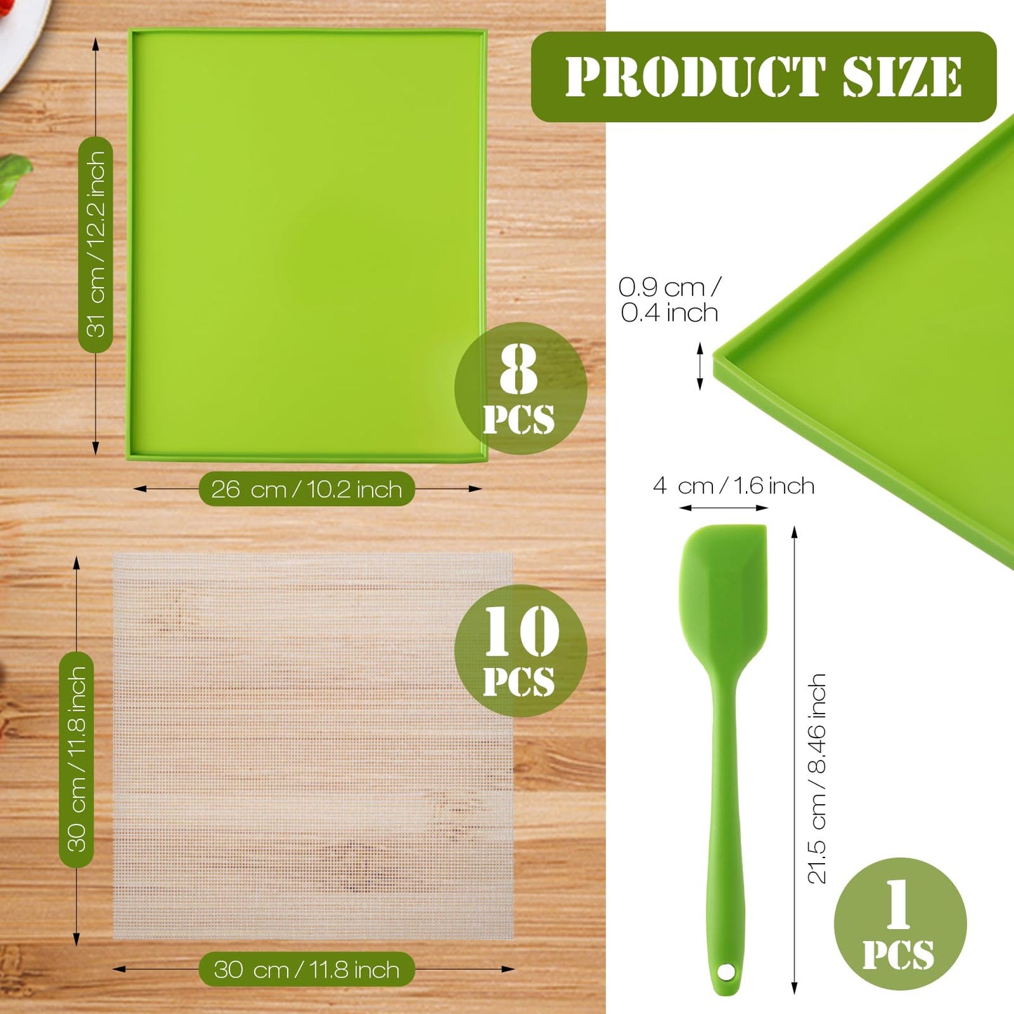 Thenshop 8 Silicone Dehydrator Mats & 10 Mesh Dryer Mats and 1 Baking Scraper, Reusable Non Stick Silicone Dehydrator Tray with Edge for Baking Fruits Meat Vegetables(Green)