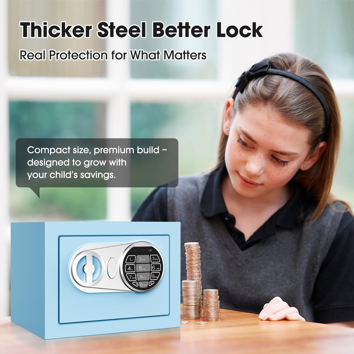 Goldenkey Small Kids Safe for Money, Digital Mini Safes with Keys&Code for Cash, Safe Box for Personal Items for Home, 6.69"D x 9.05"W x 6.69"H, Blue