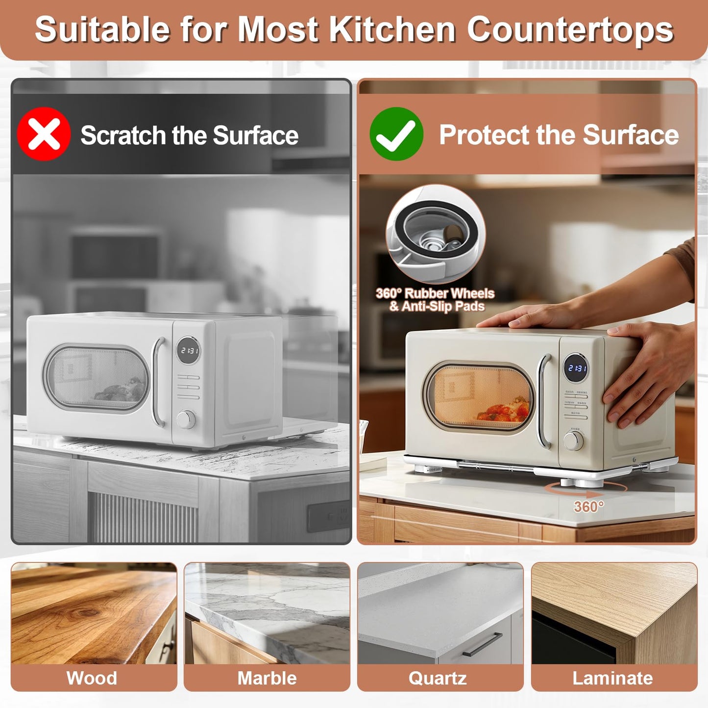 Adjustable Appliance Slider Tray - Expandable 6" x 11"- 11" x 20" Sliding Tray for Kitchen Appliances - 360° Countertop Rolling Tray with Locking Brakes for Coffee Makers Mixers
