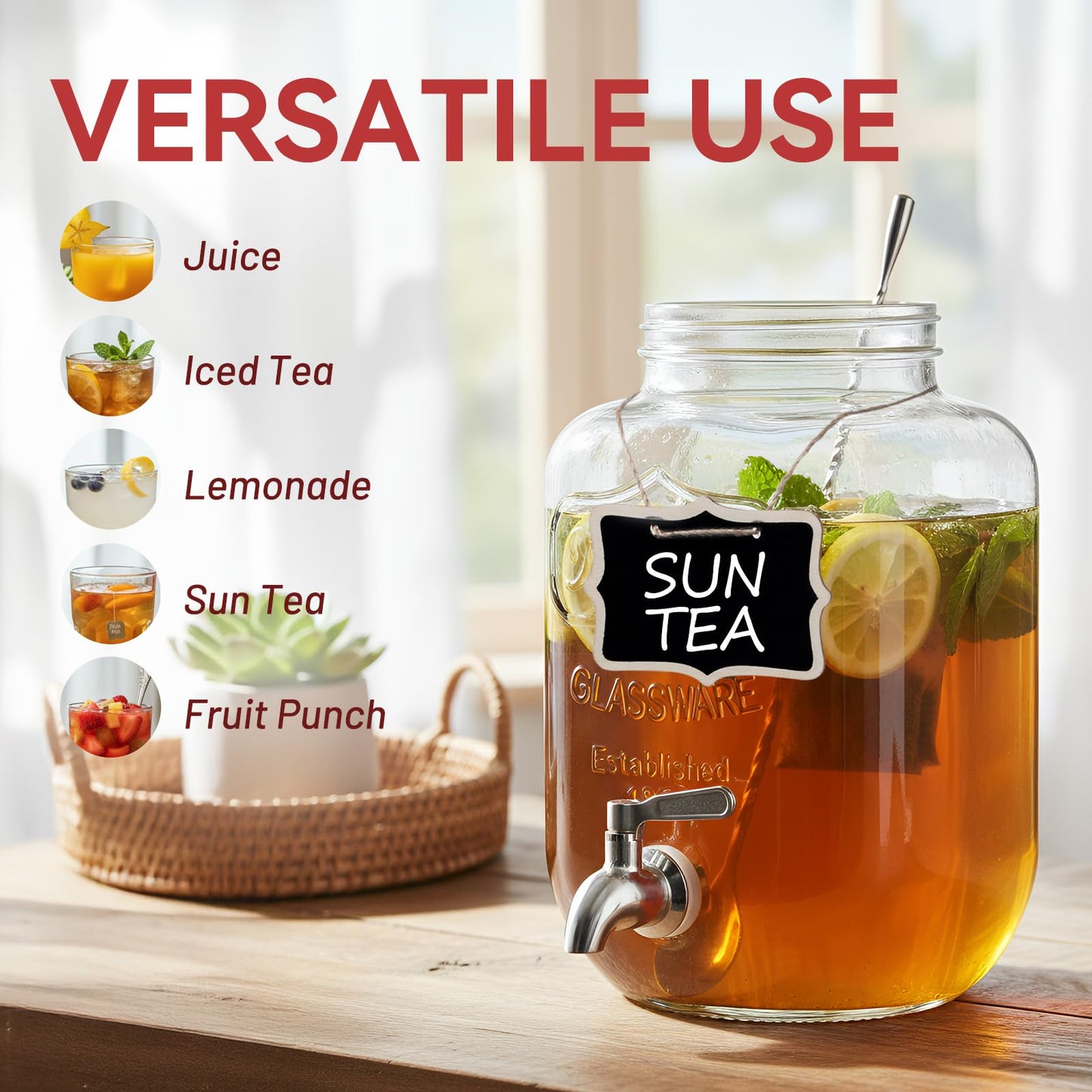 KIKCOIN 1 Gallon Glass Drink Dispensers for Parties, 2 Pack Leakproof Beverage Dispenser with Stand & 18/10 Stainless Steel Spigot & Filter -for Lemonade, Juice, Sun Tea, Punch- ALL DISHWASHER SAFE