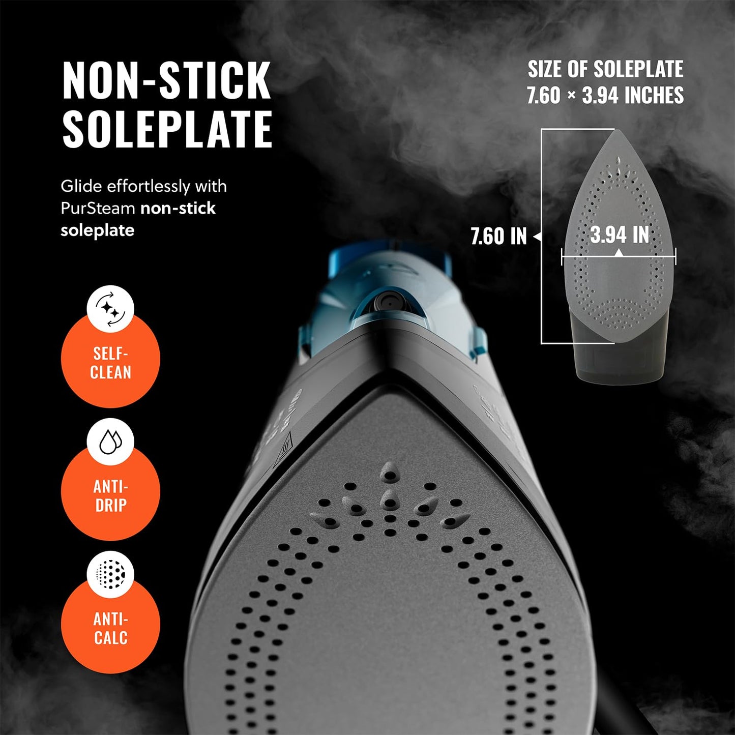 PurSteam Professional 1250W Steam Iron | Powerful Steamer with Burst of Steam & Spray | Non-Stick Soleplate, Easy Temperature Control & Auto Shut-Off